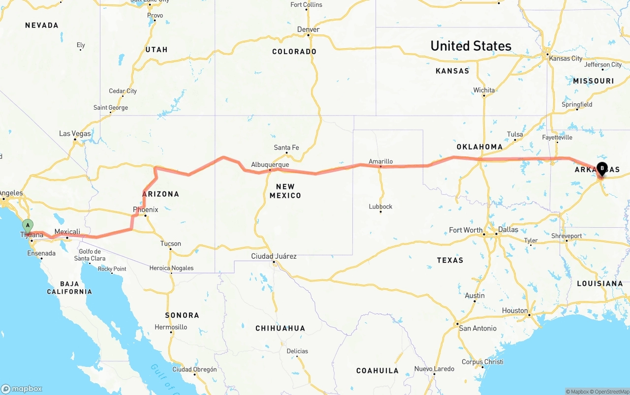 Shipping route from San Diego International Airport to Arkansas