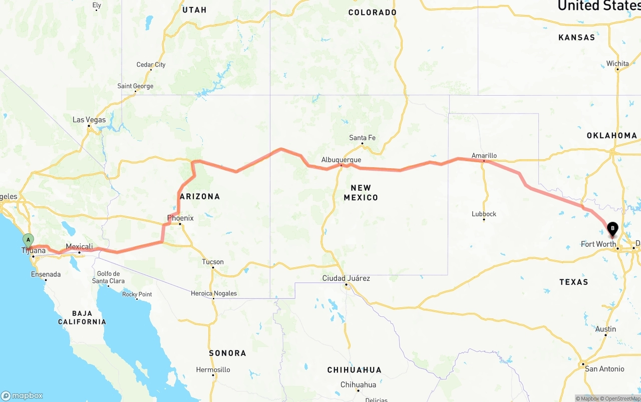 Shipping route from San Diego International Airport to Aurora