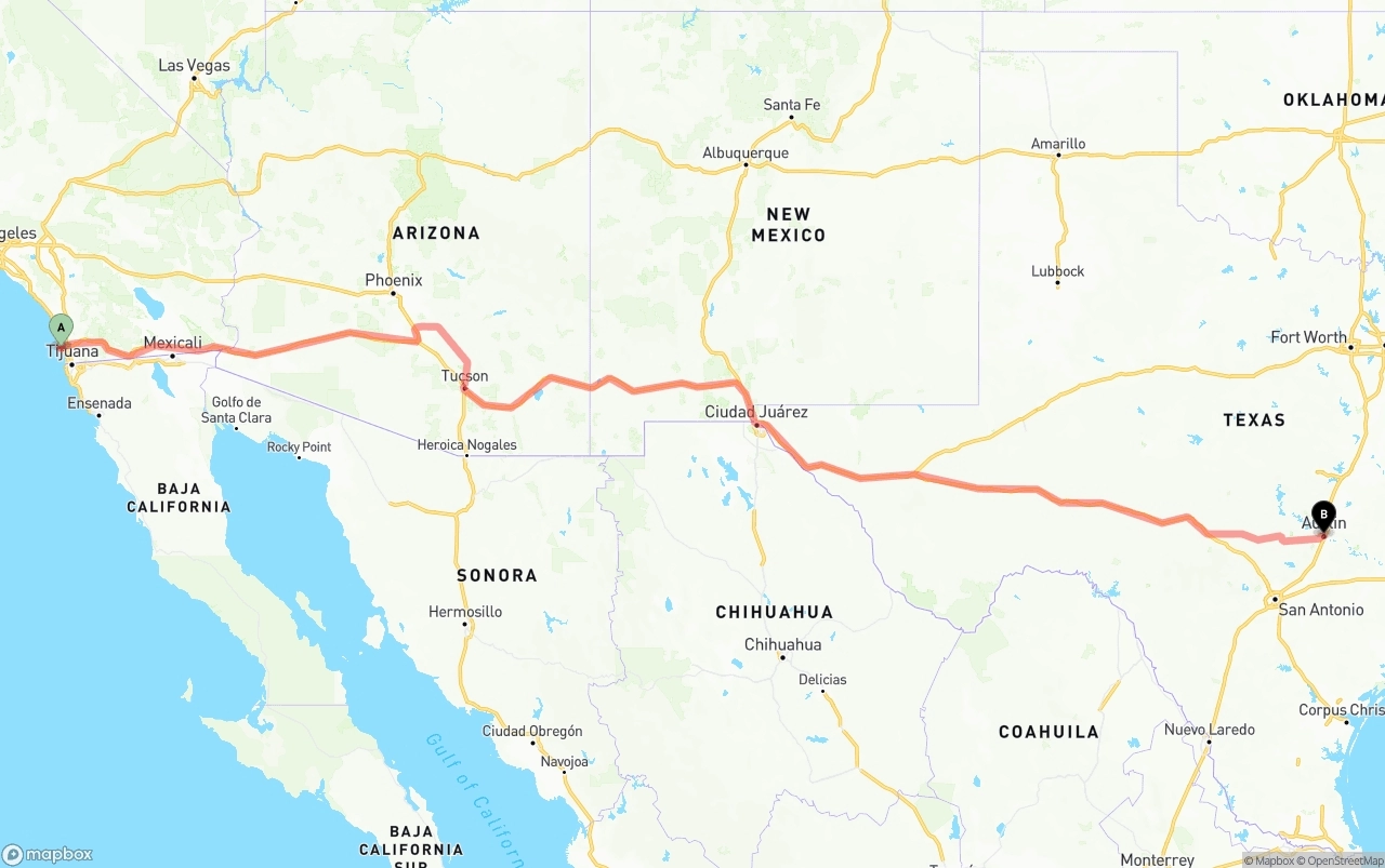 Shipping route from San Diego International Airport to Austin