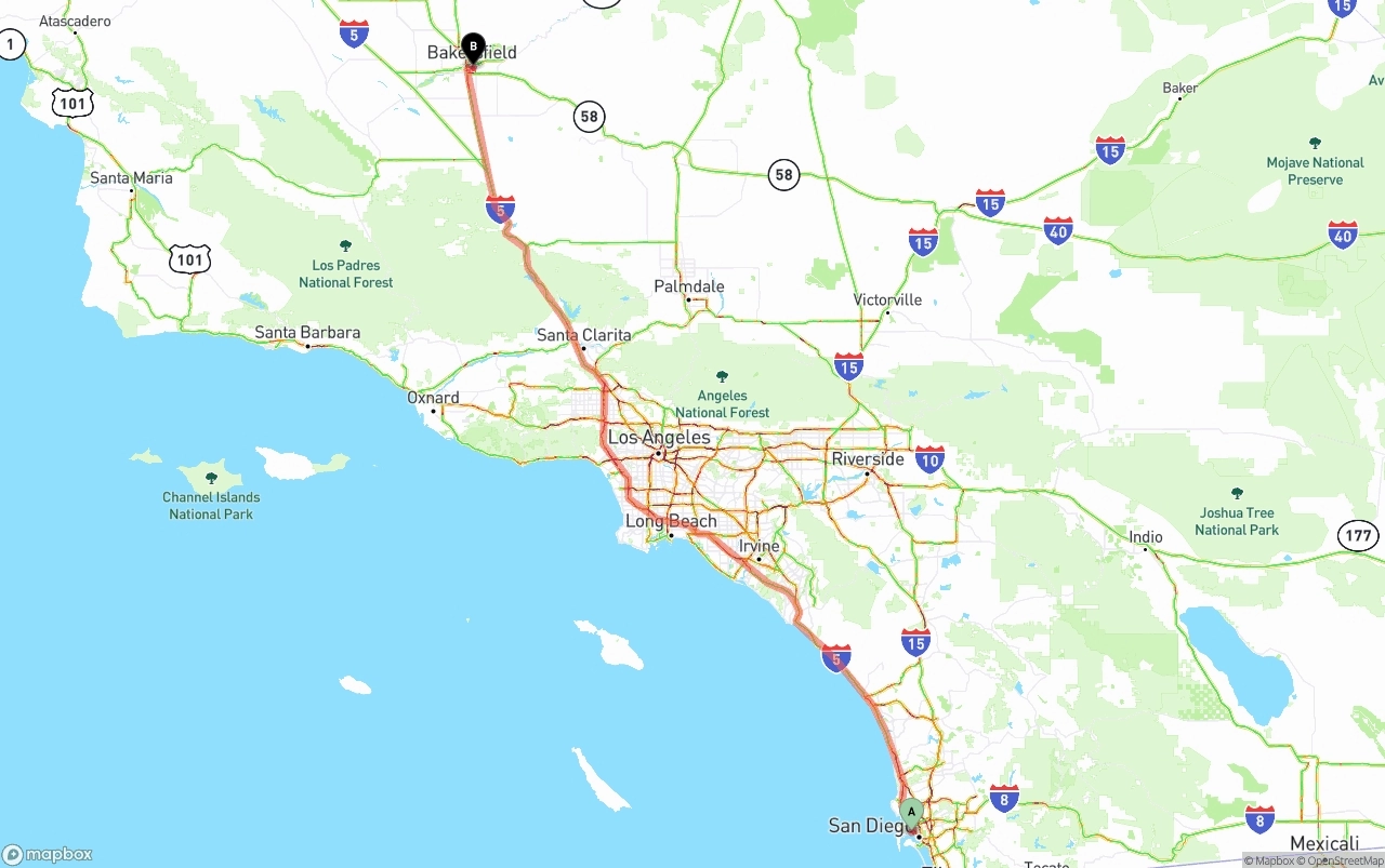 Shipping route from San Diego International Airport to Bakersfield