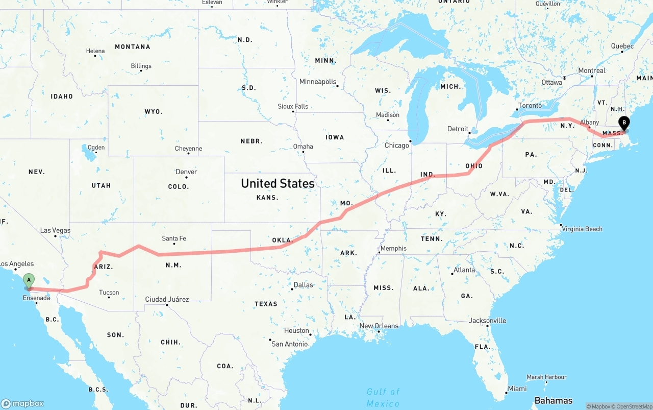 Shipping route from San Diego International Airport to Boston