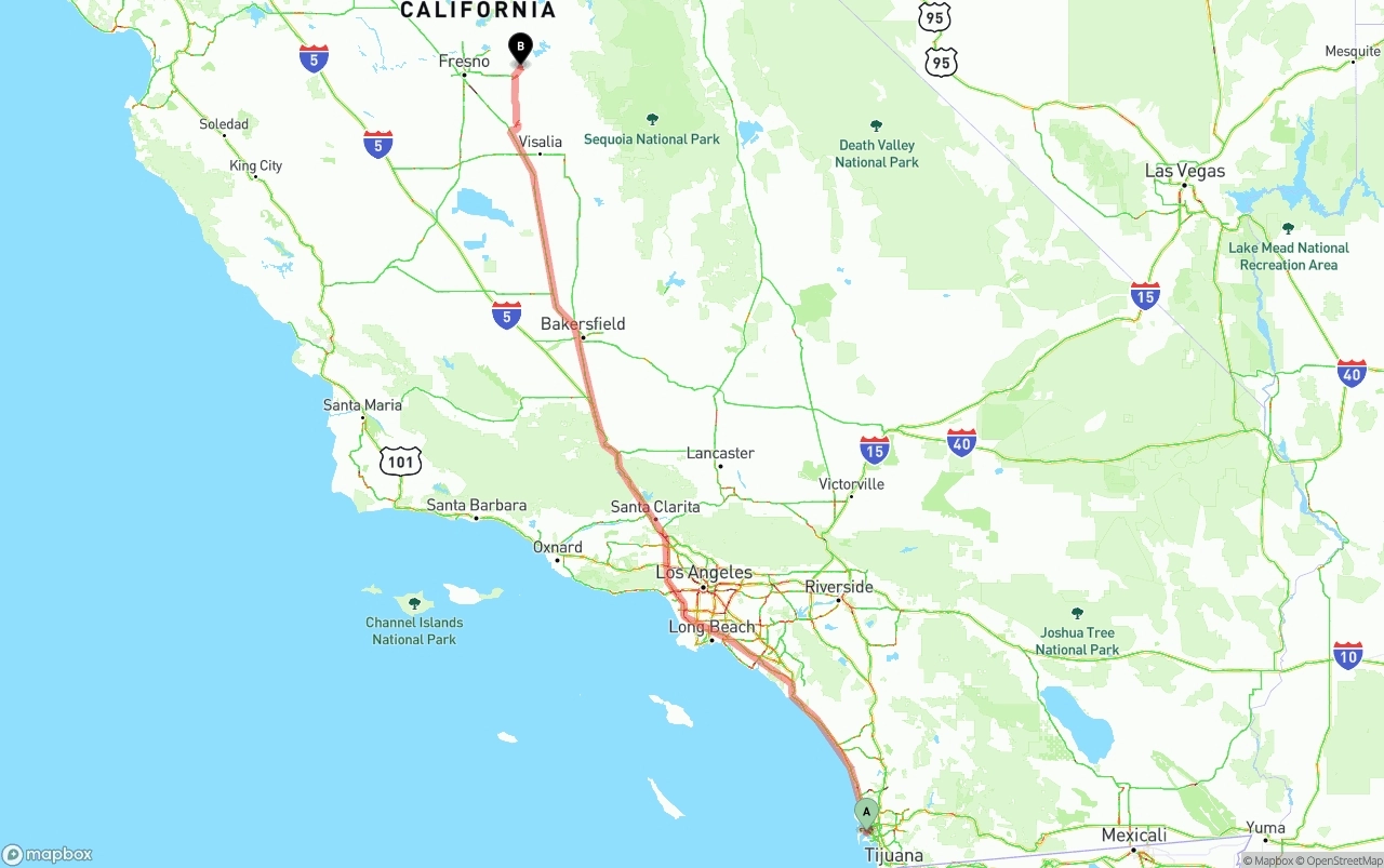 Shipping route from San Diego International Airport to California