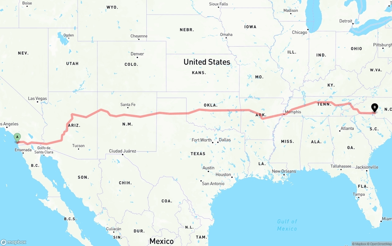 Shipping route from San Diego International Airport to Charlotte