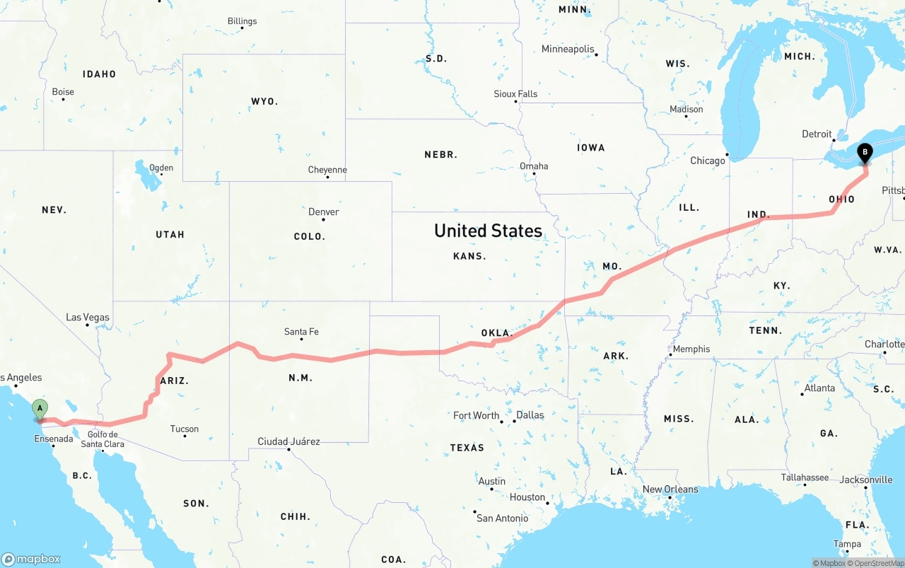 Shipping route from San Diego International Airport to Cleveland