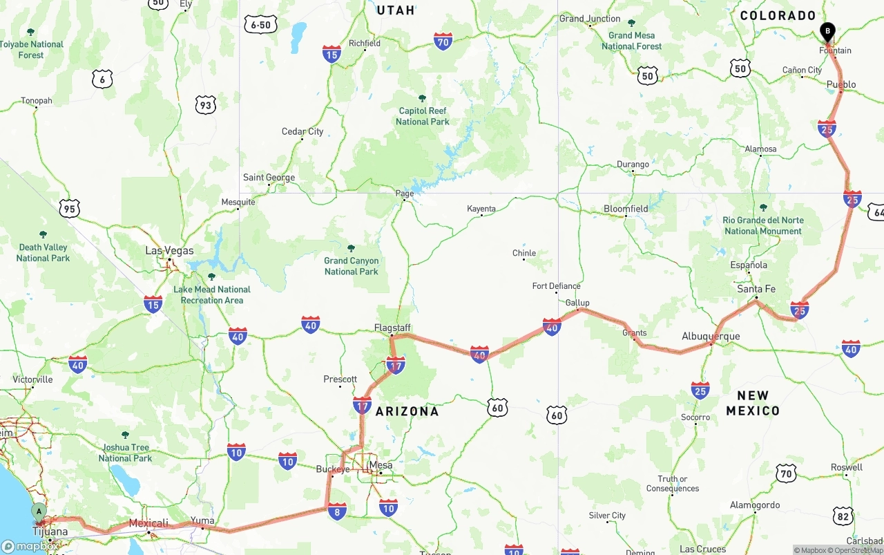 Shipping route from San Diego International Airport to Colorado Springs