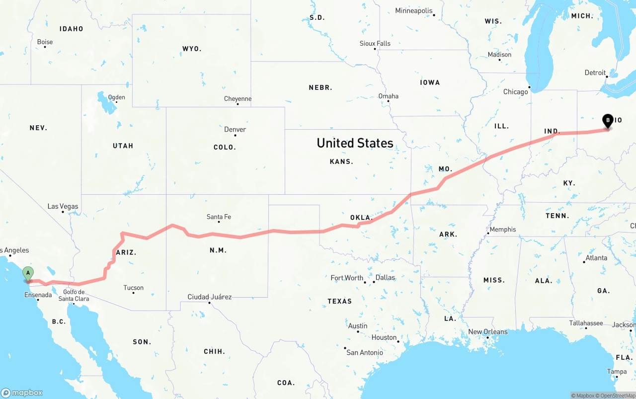 Shipping route from San Diego International Airport to Columbus