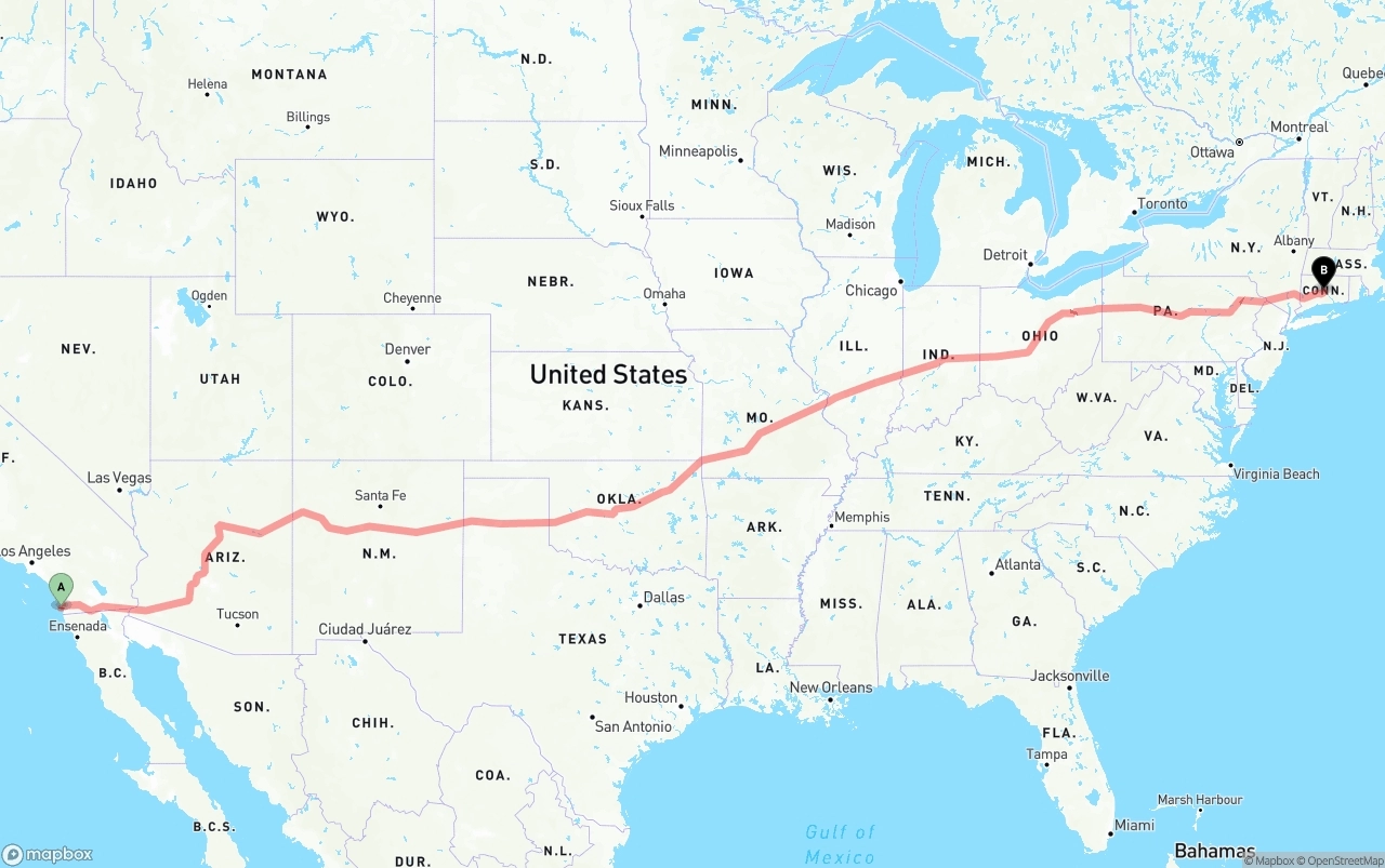 Shipping route from San Diego International Airport to Connecticut