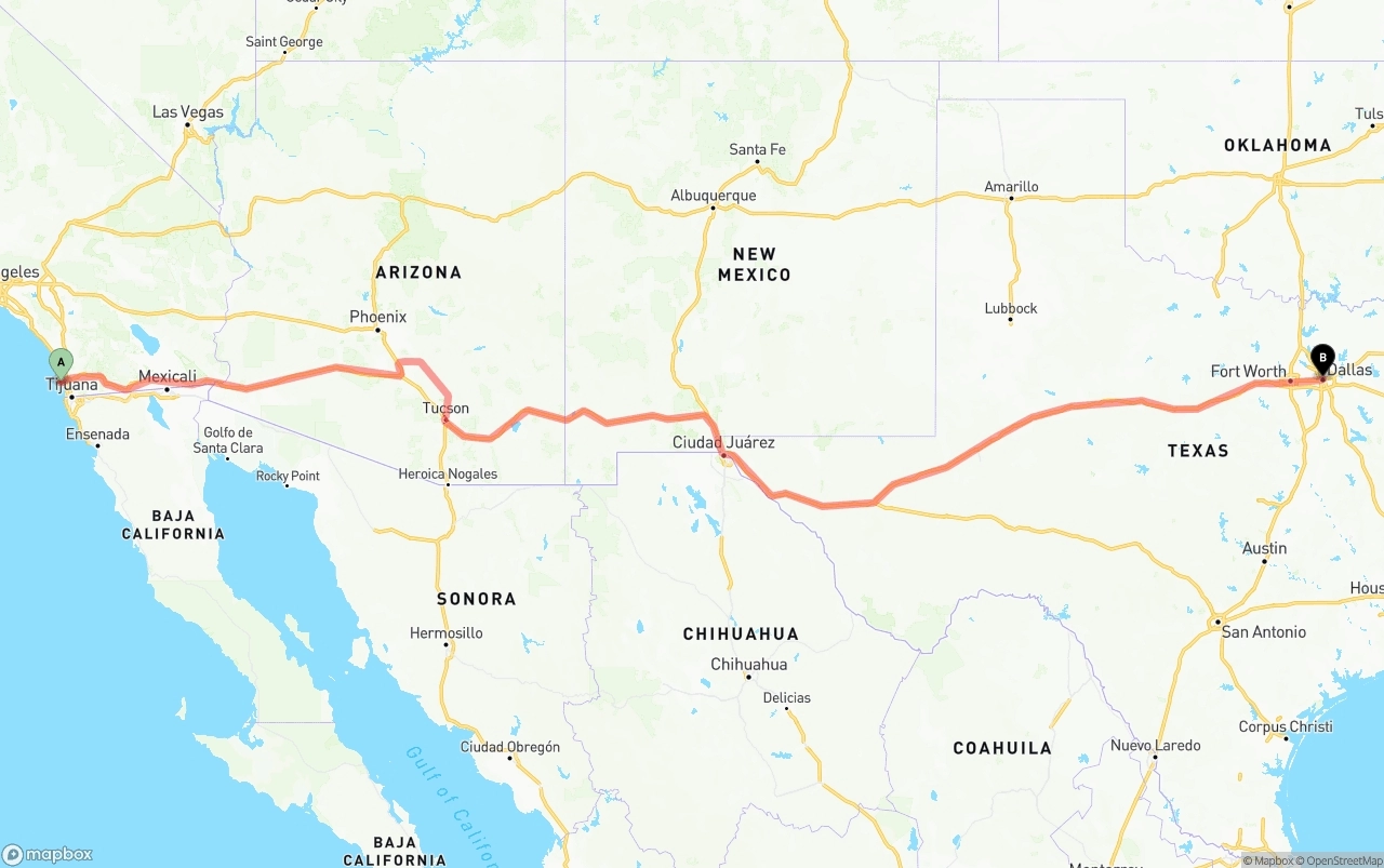 Shipping route from San Diego International Airport to Dallas