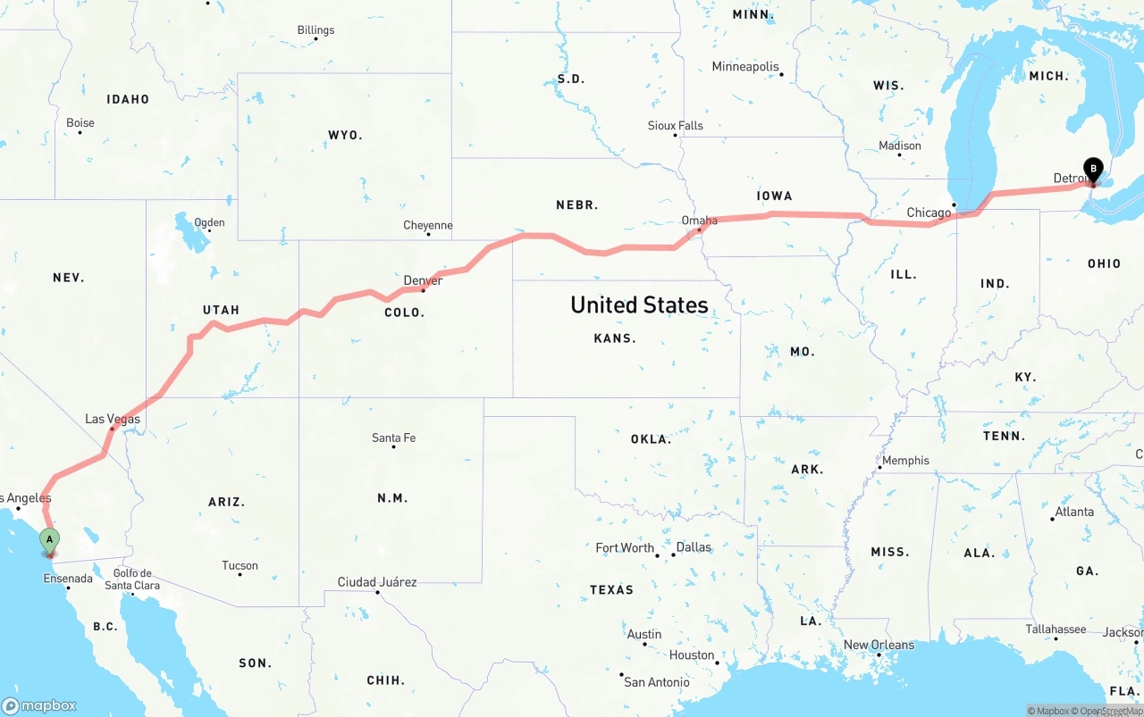 Shipping route from San Diego International Airport to Detroit