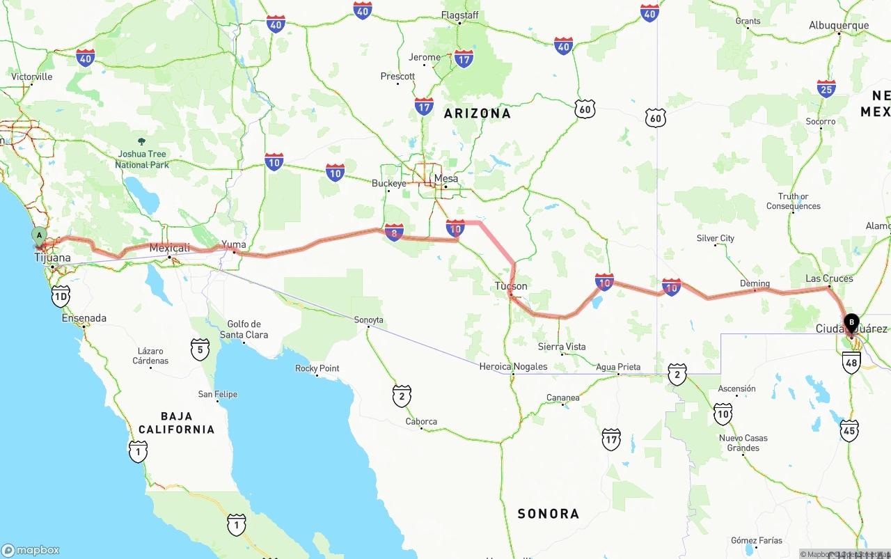 Shipping route from San Diego International Airport to El Paso