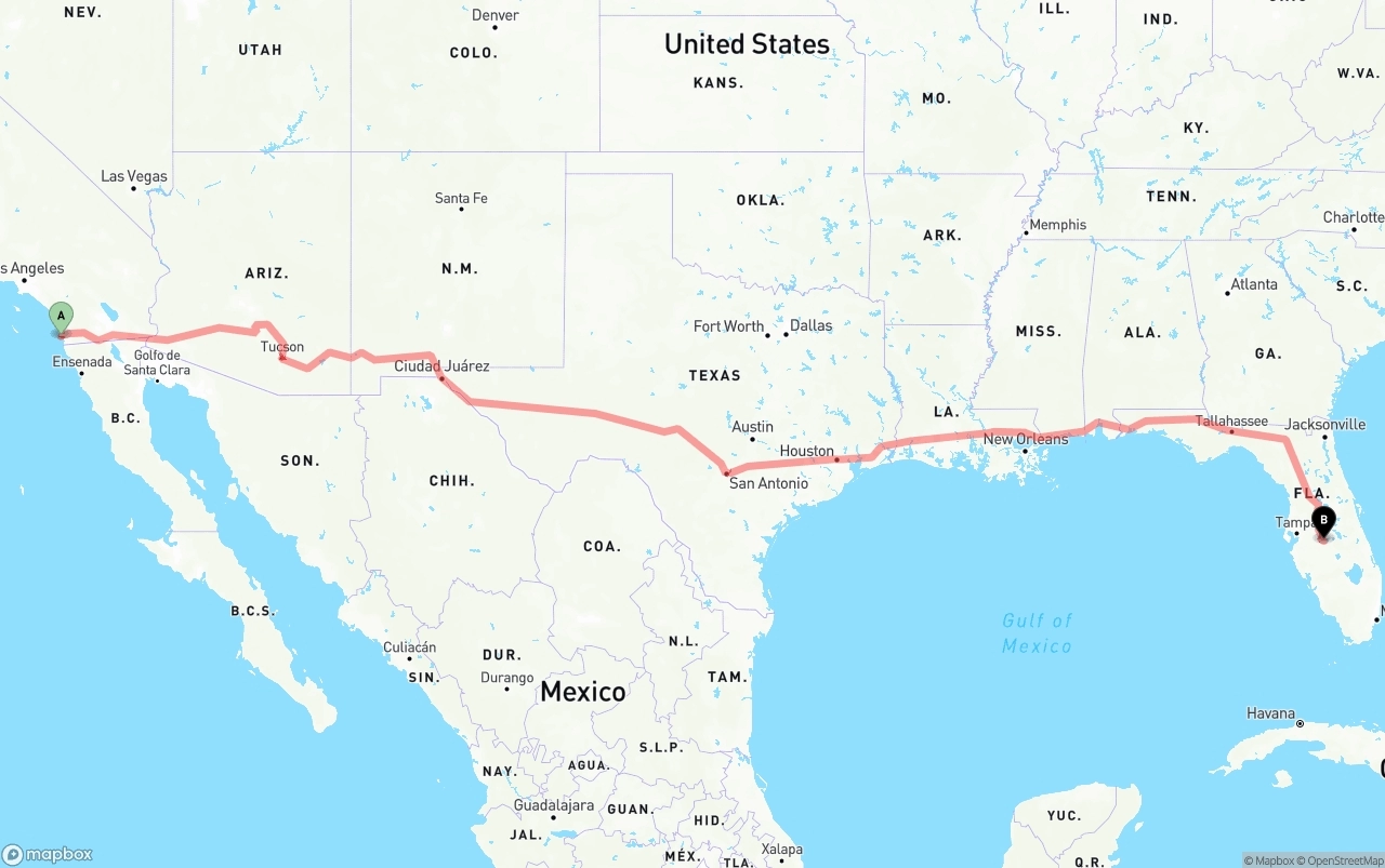 Shipping route from San Diego International Airport to Florida
