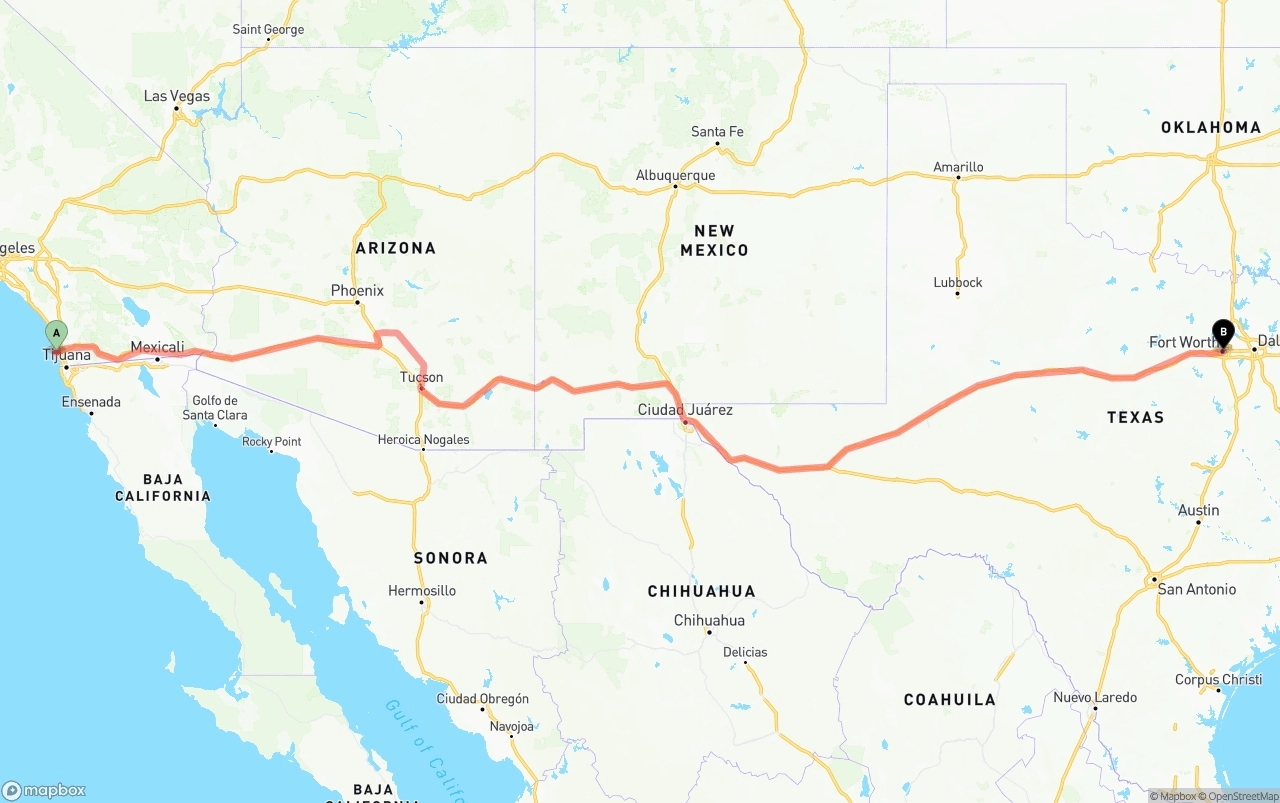 Shipping route from San Diego International Airport to Fort Worth