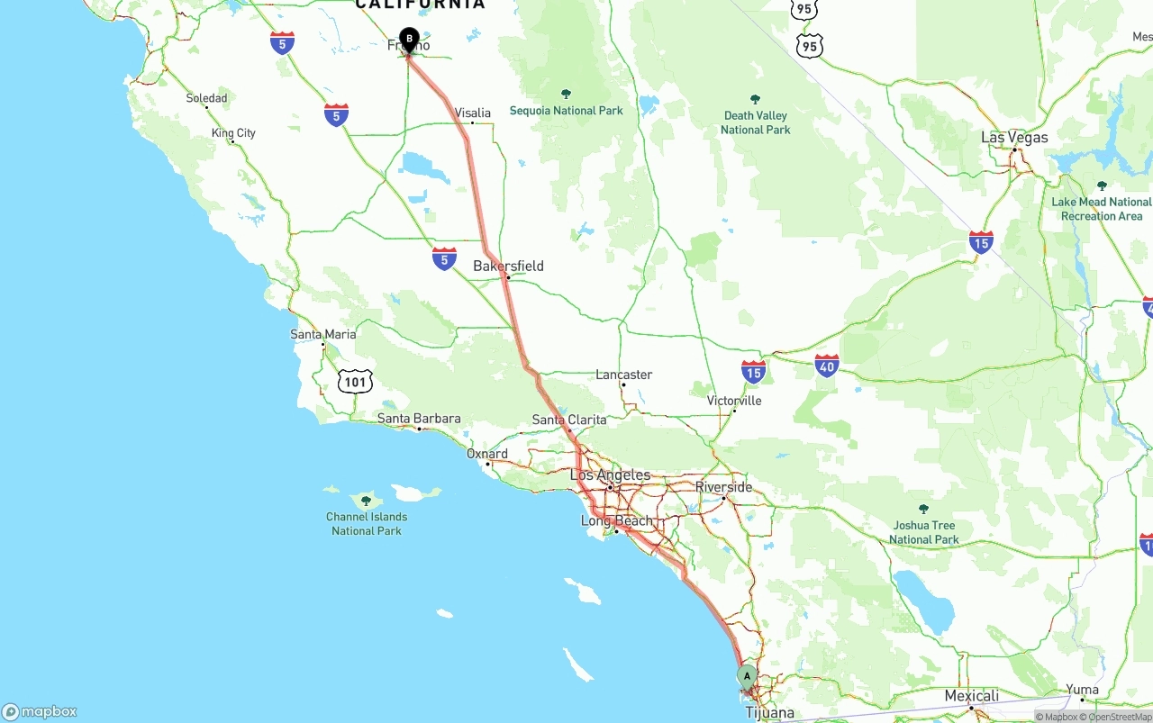 Shipping route from San Diego International Airport to Fresno