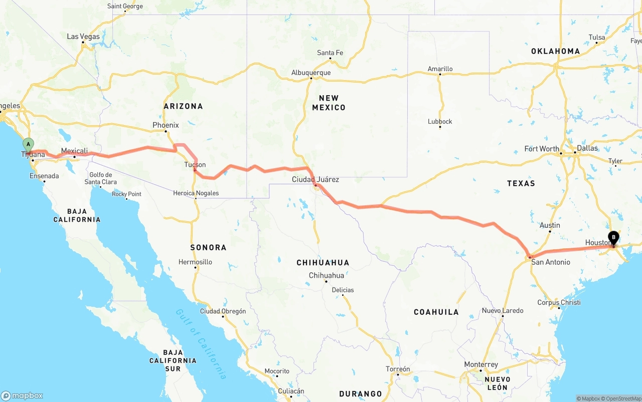 Shipping route from San Diego International Airport to Houston