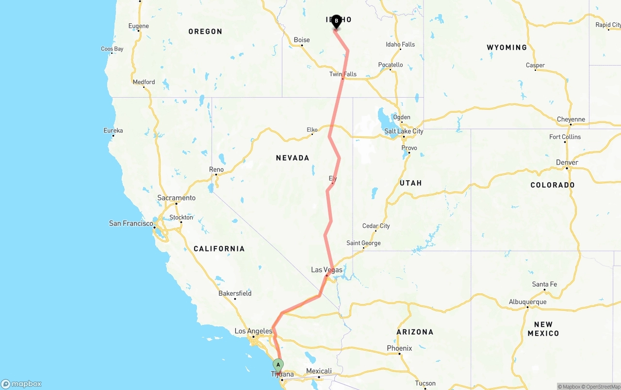 Shipping route from San Diego International Airport to Idaho