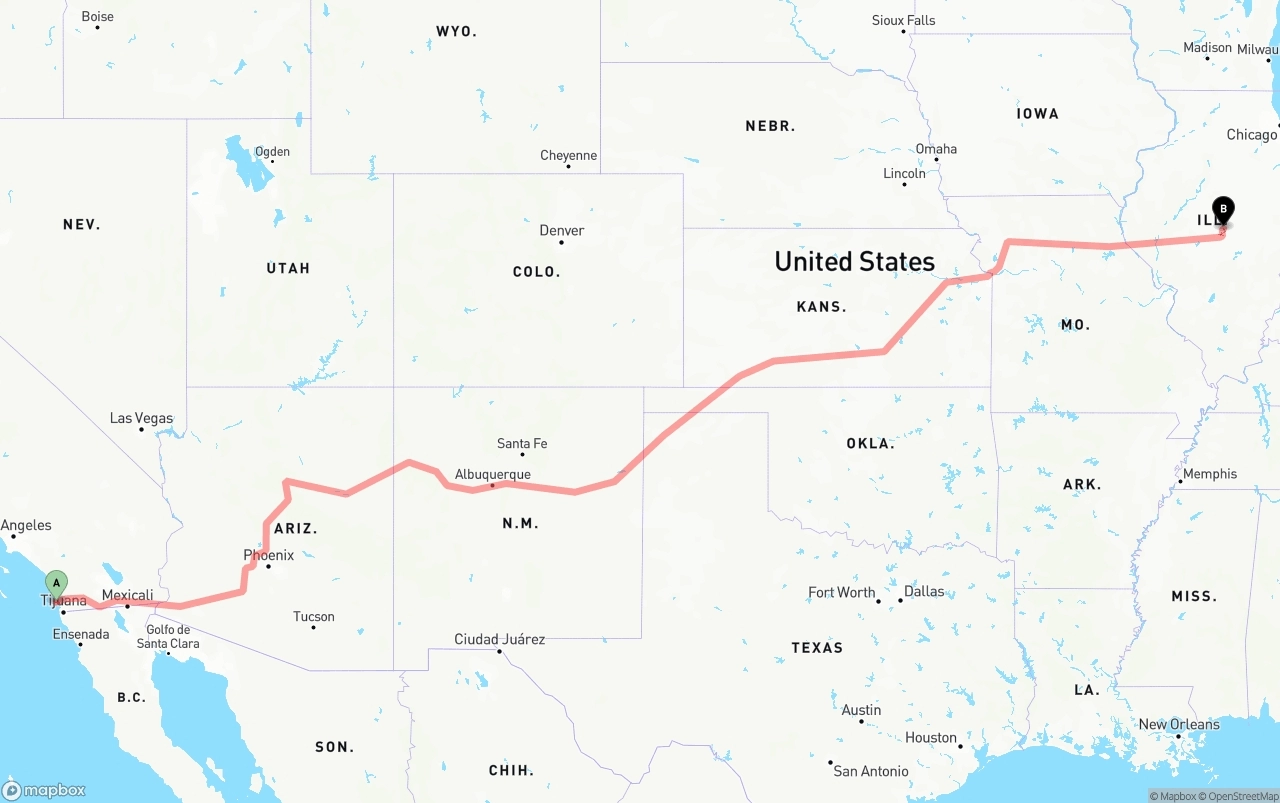 Shipping route from San Diego International Airport to Illinois