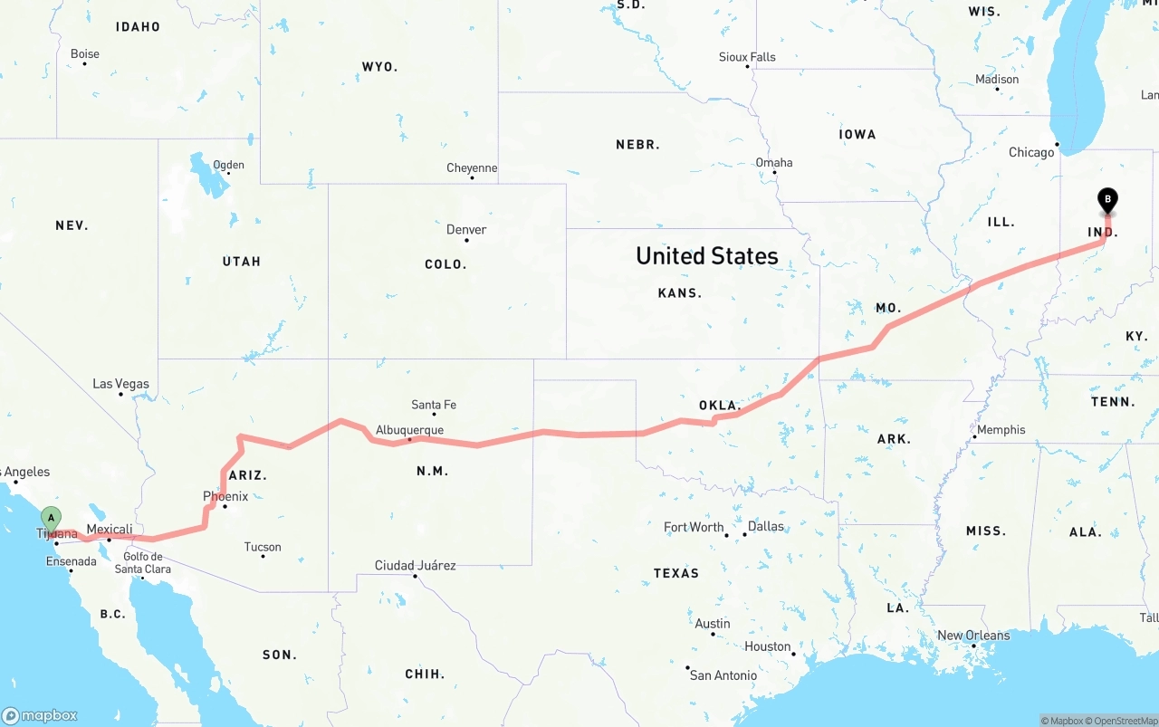 Shipping route from San Diego International Airport to Indiana