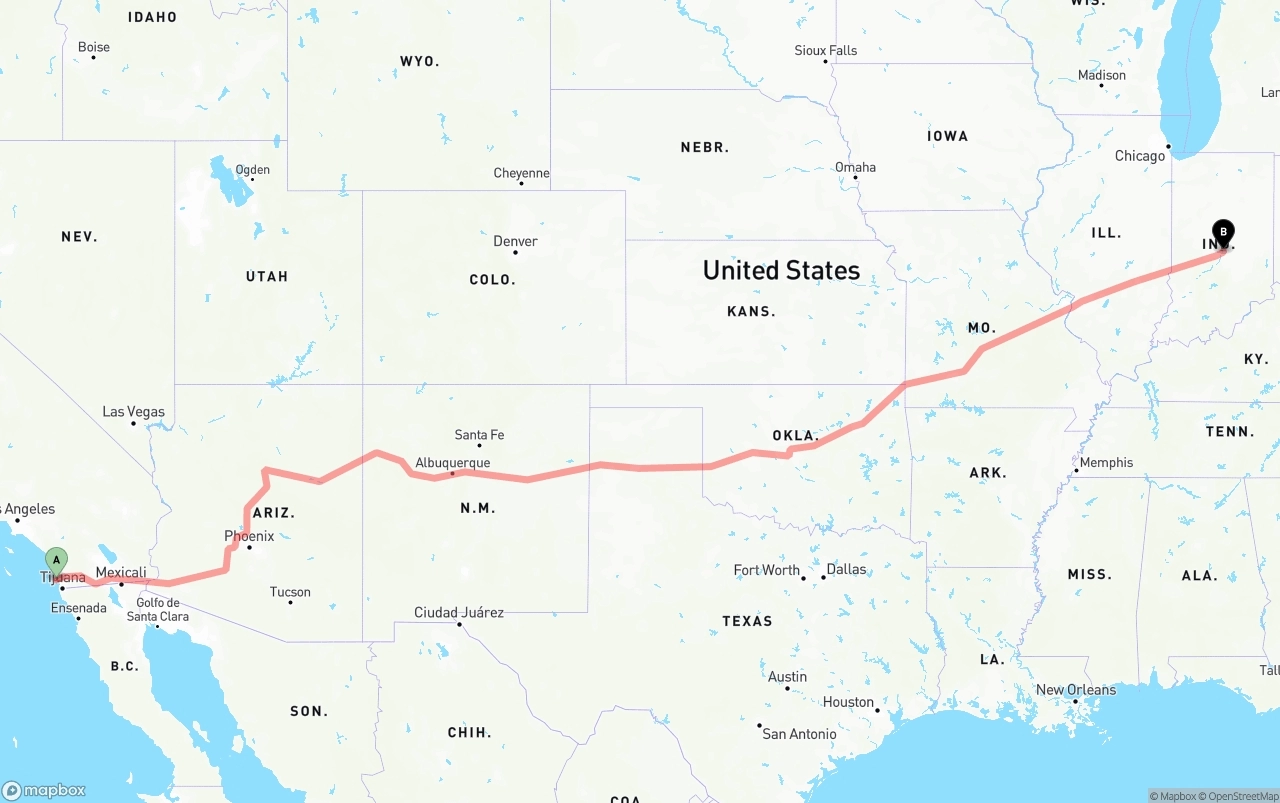 Shipping route from San Diego International Airport to Indianapolis