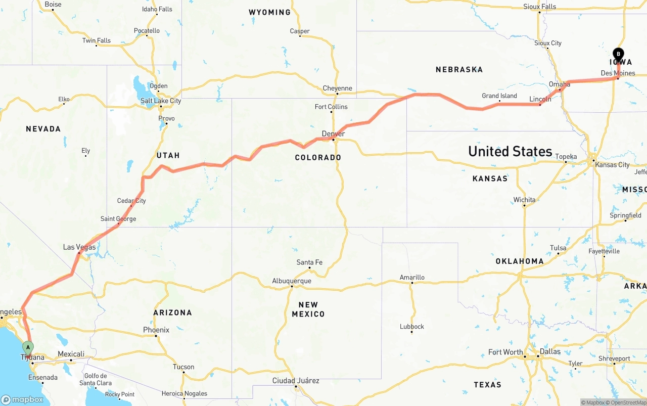 Shipping route from San Diego International Airport to Iowa
