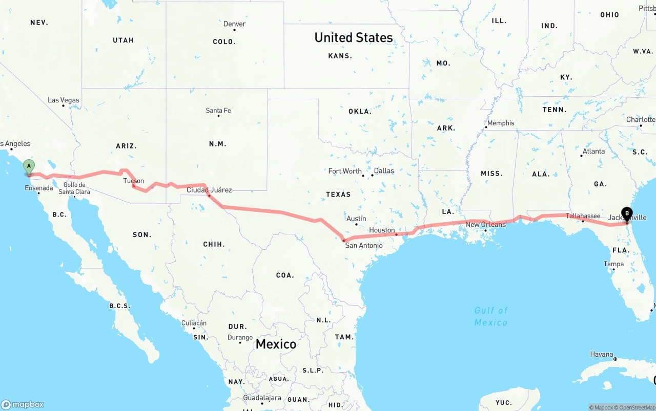 Shipping route from San Diego International Airport to Jacksonville
