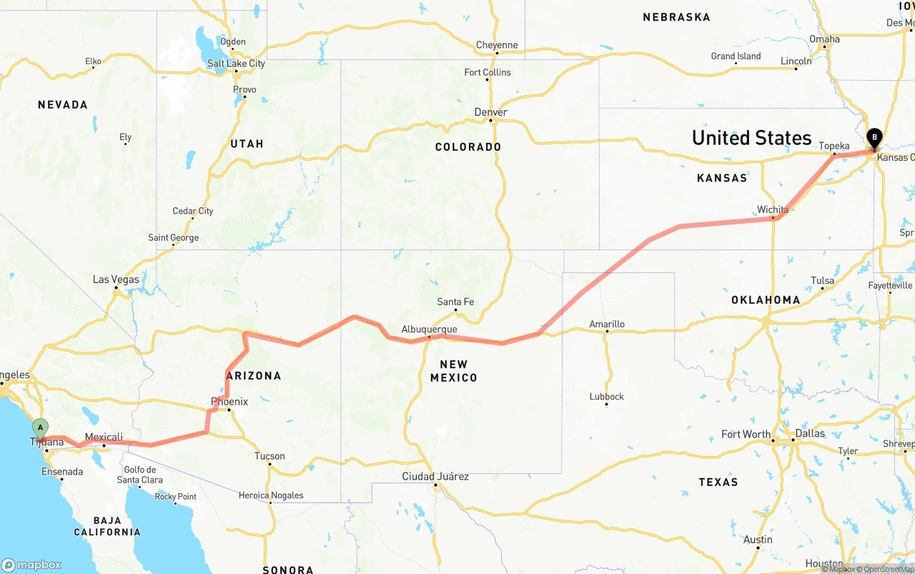 Shipping route from San Diego International Airport to Kansas City