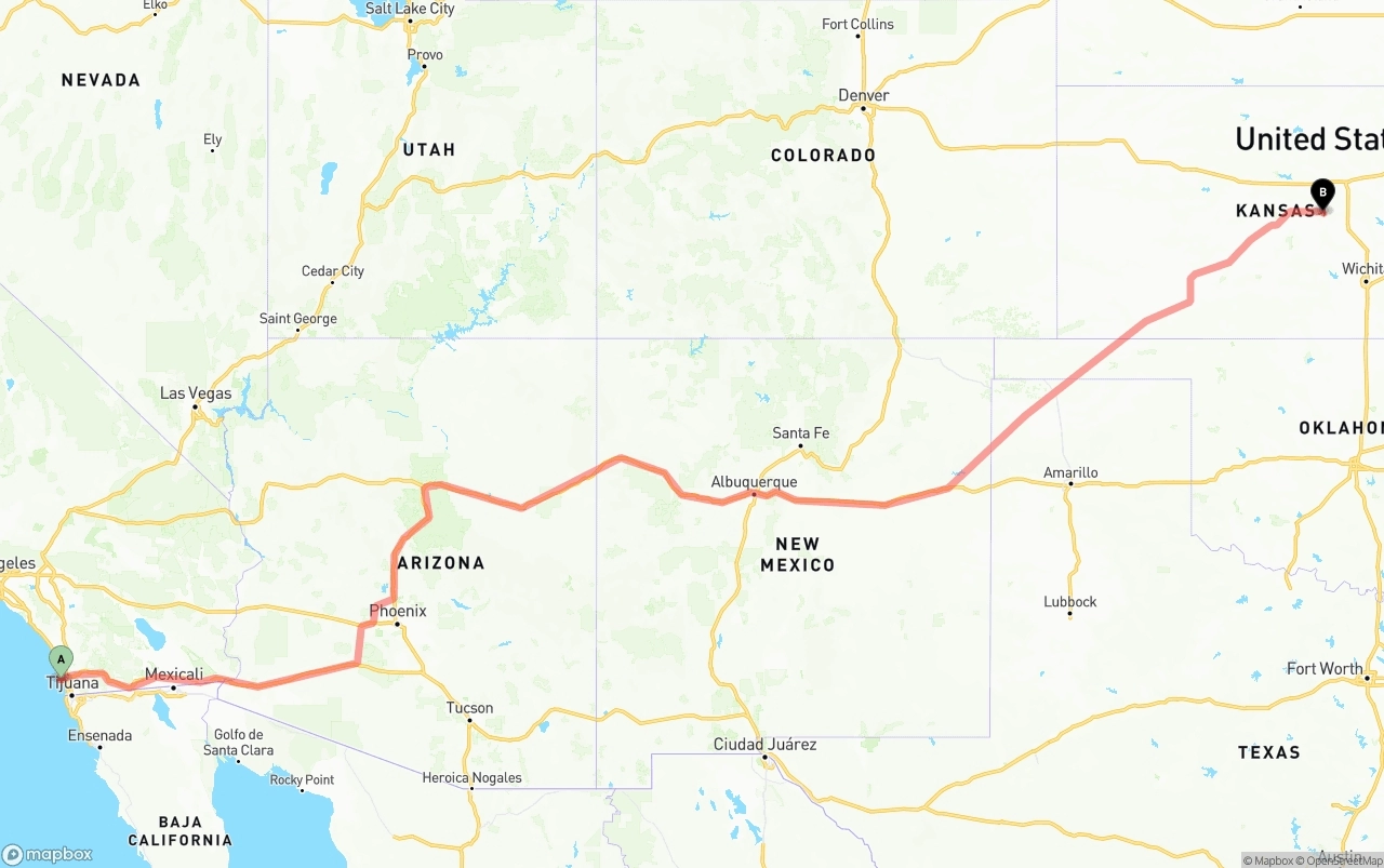Shipping route from San Diego International Airport to Kansas