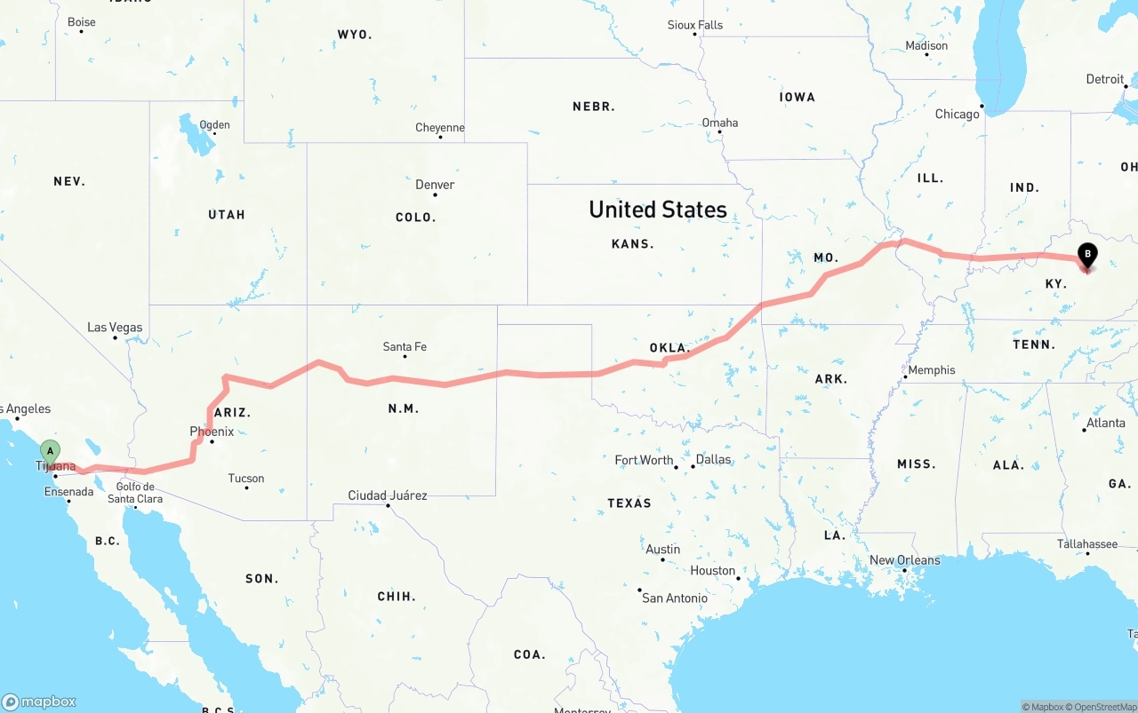 Shipping route from San Diego International Airport to Kentucky