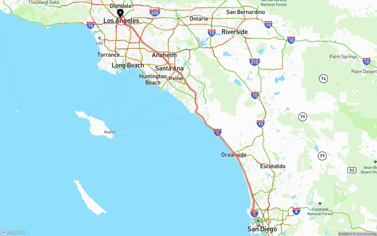 Shipping route from San Diego International Airport to Los Angeles