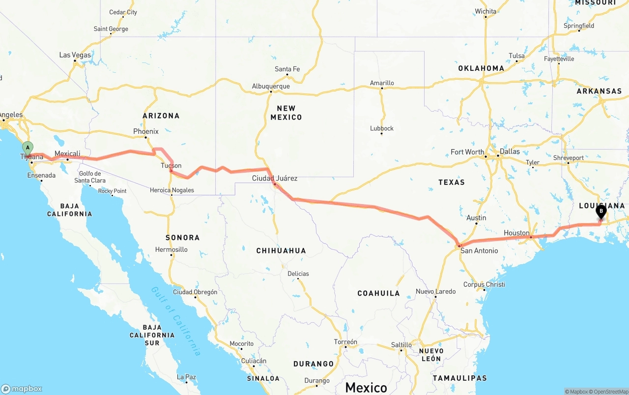 Shipping route from San Diego International Airport to Louisiana