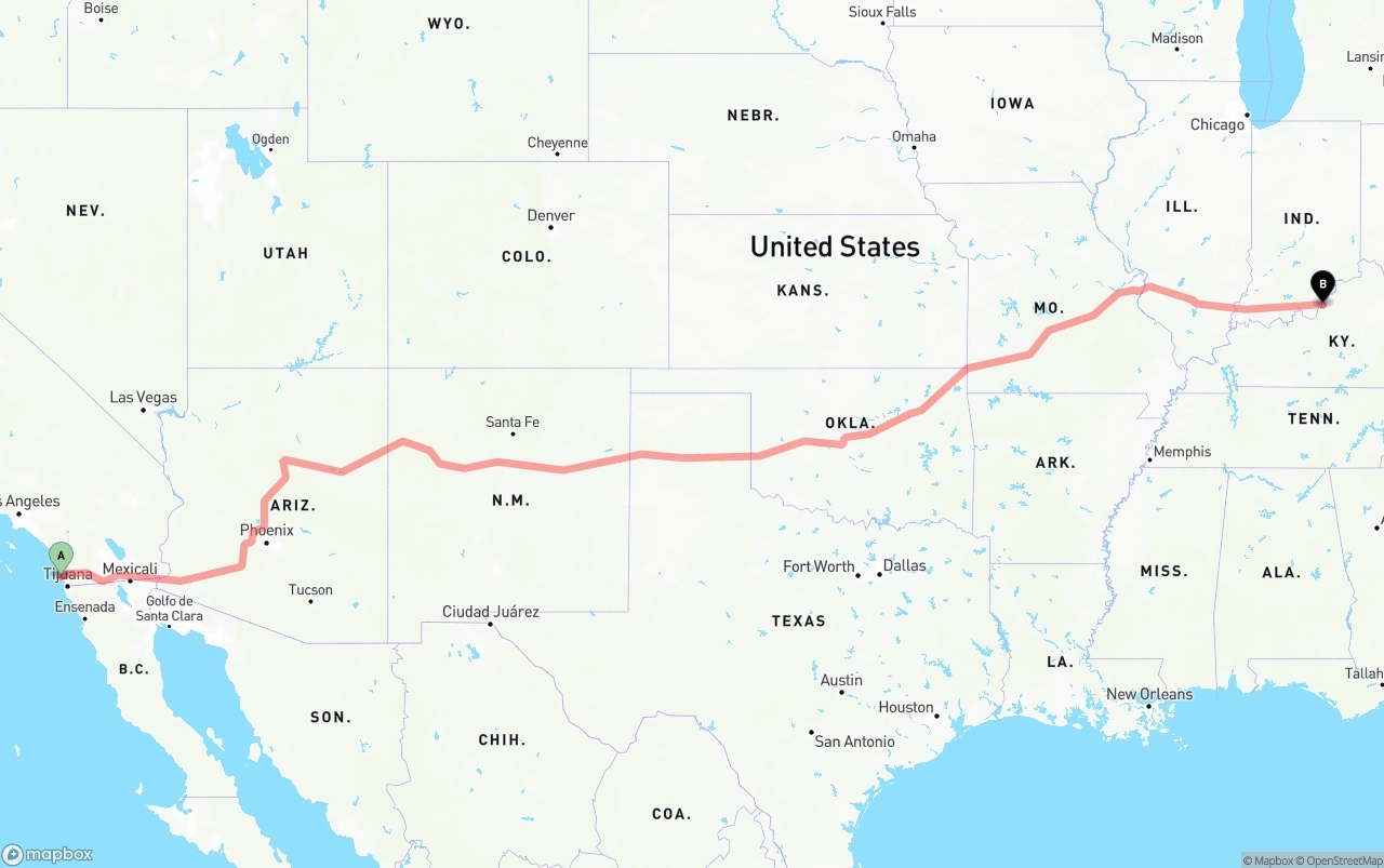 Shipping route from San Diego International Airport to Louisville