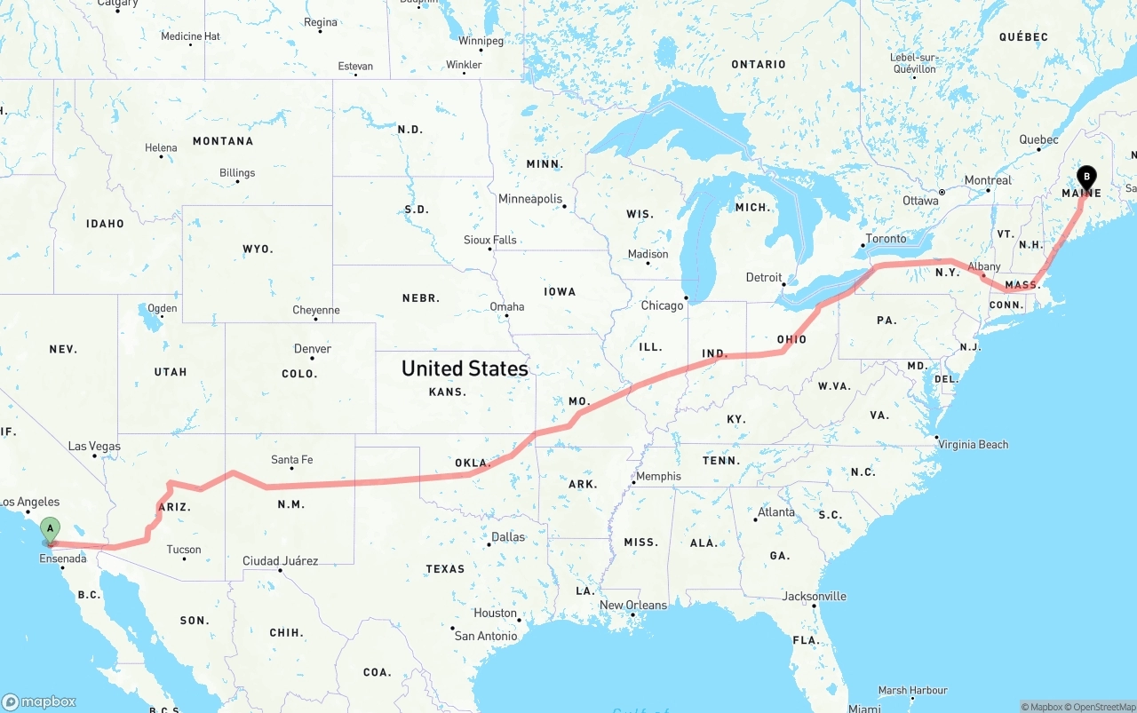 Shipping route from San Diego International Airport to Maine