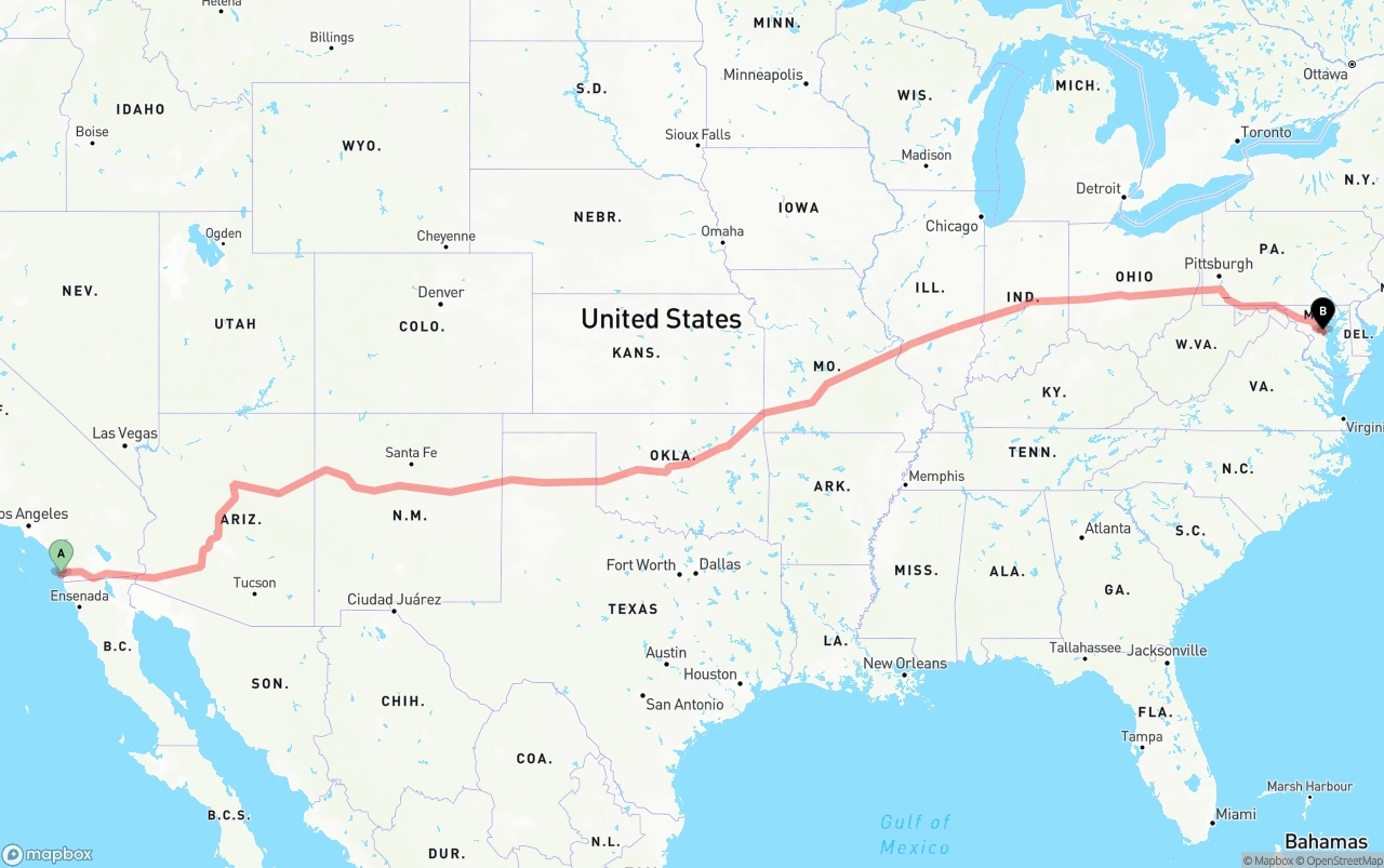 Shipping route from San Diego International Airport to Maryland