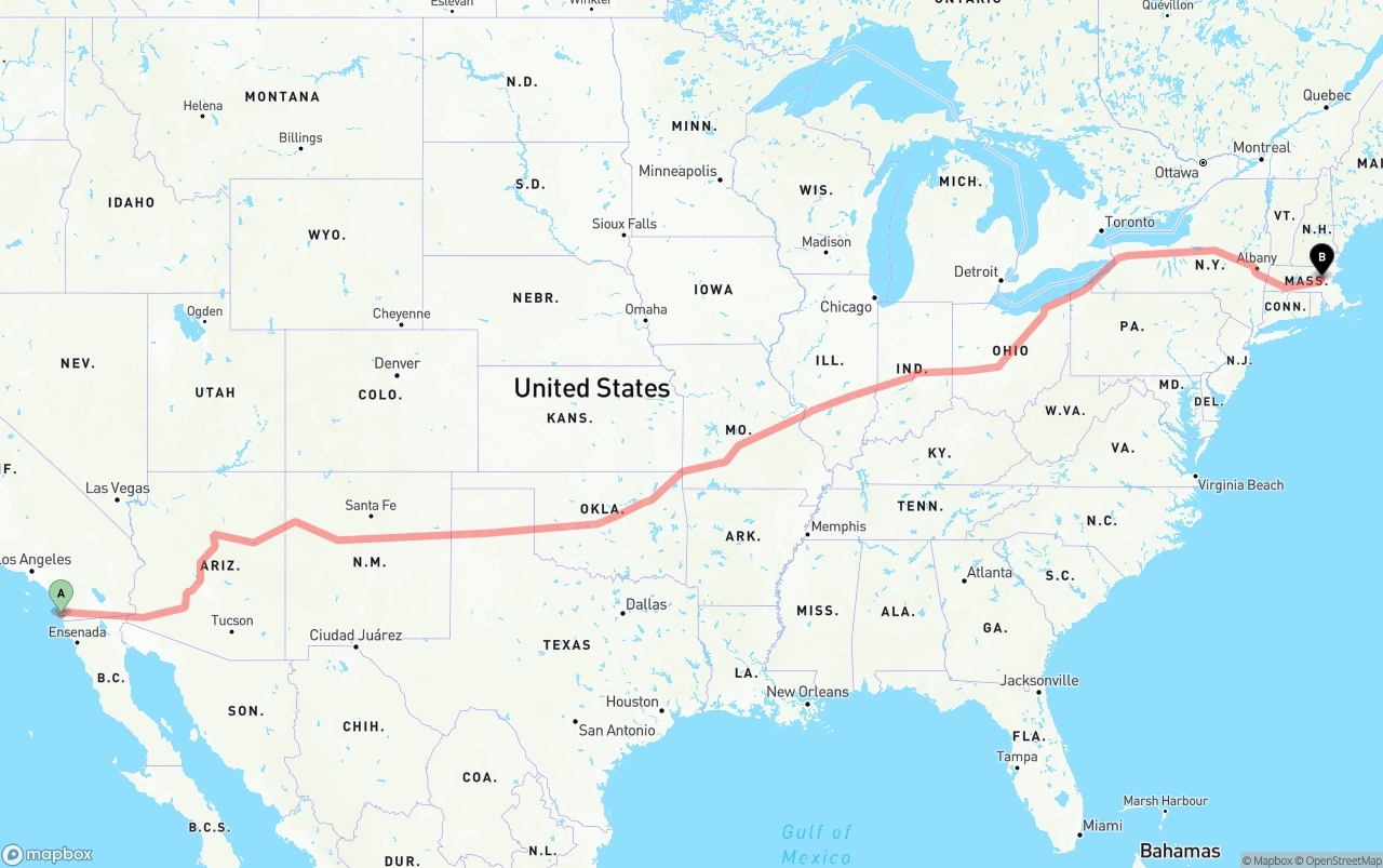 Shipping route from San Diego International Airport to Massachusetts