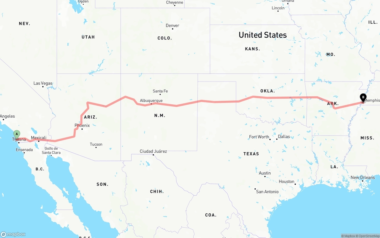 Shipping route from San Diego International Airport to Memphis