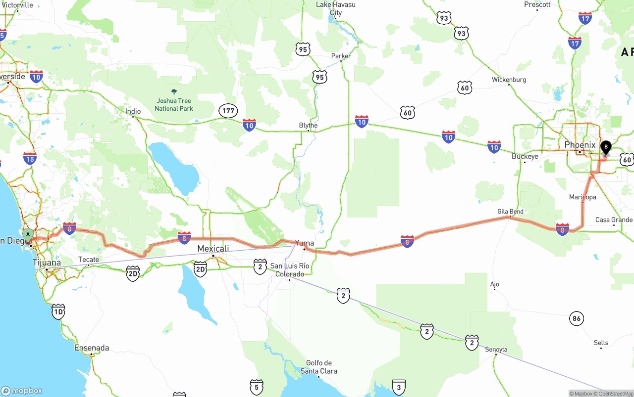Shipping route from San Diego International Airport to Mesa