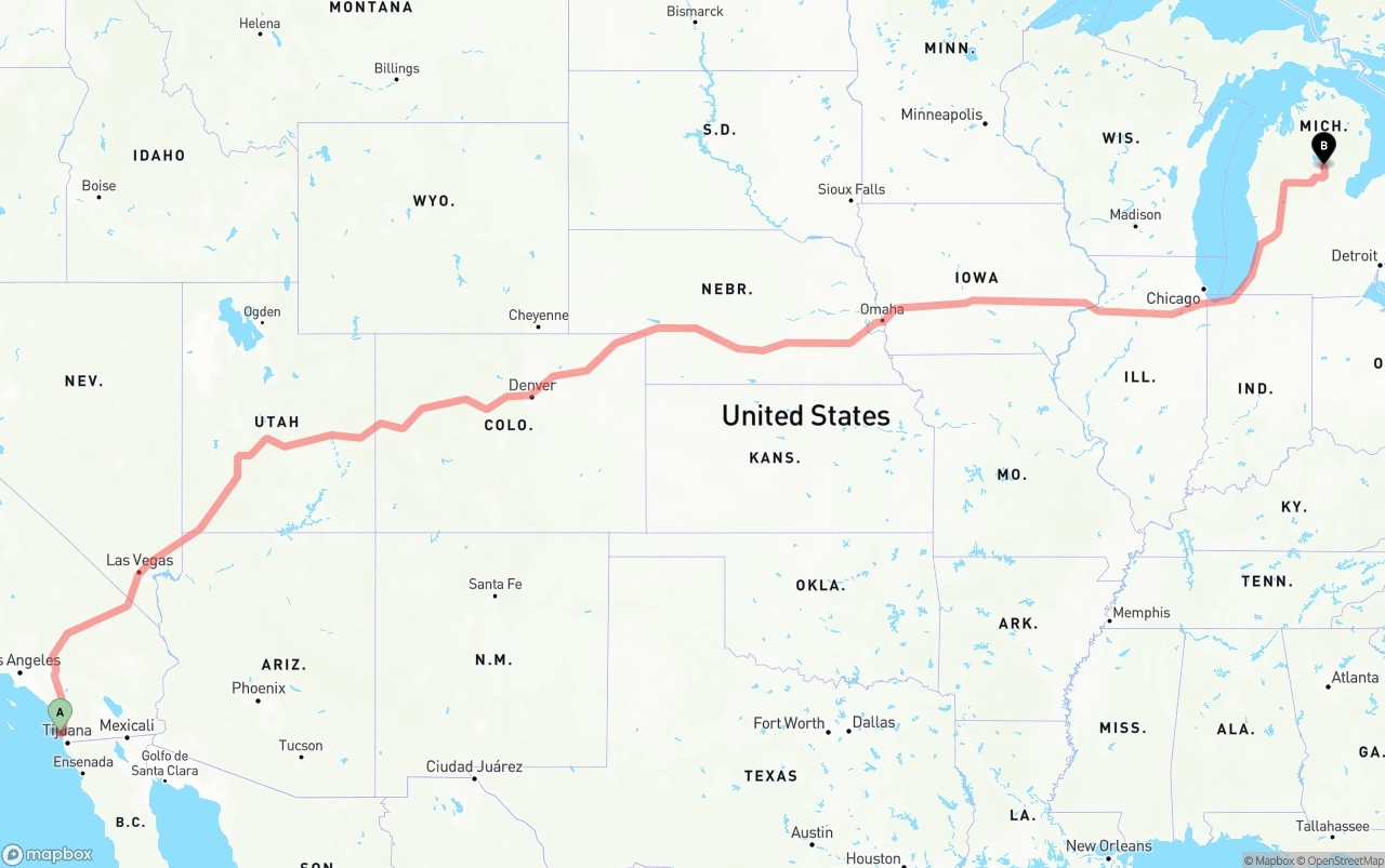 Shipping route from San Diego International Airport to Michigan