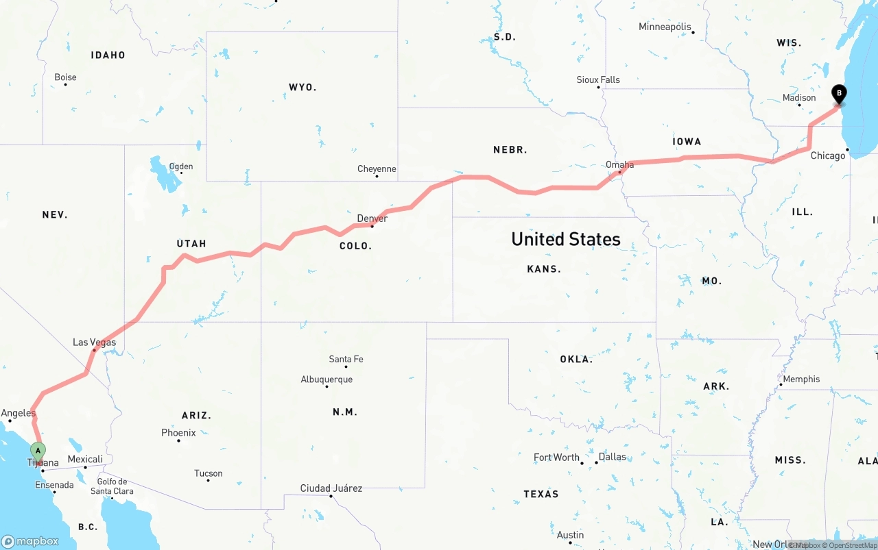 Shipping route from San Diego International Airport to Milwaukee