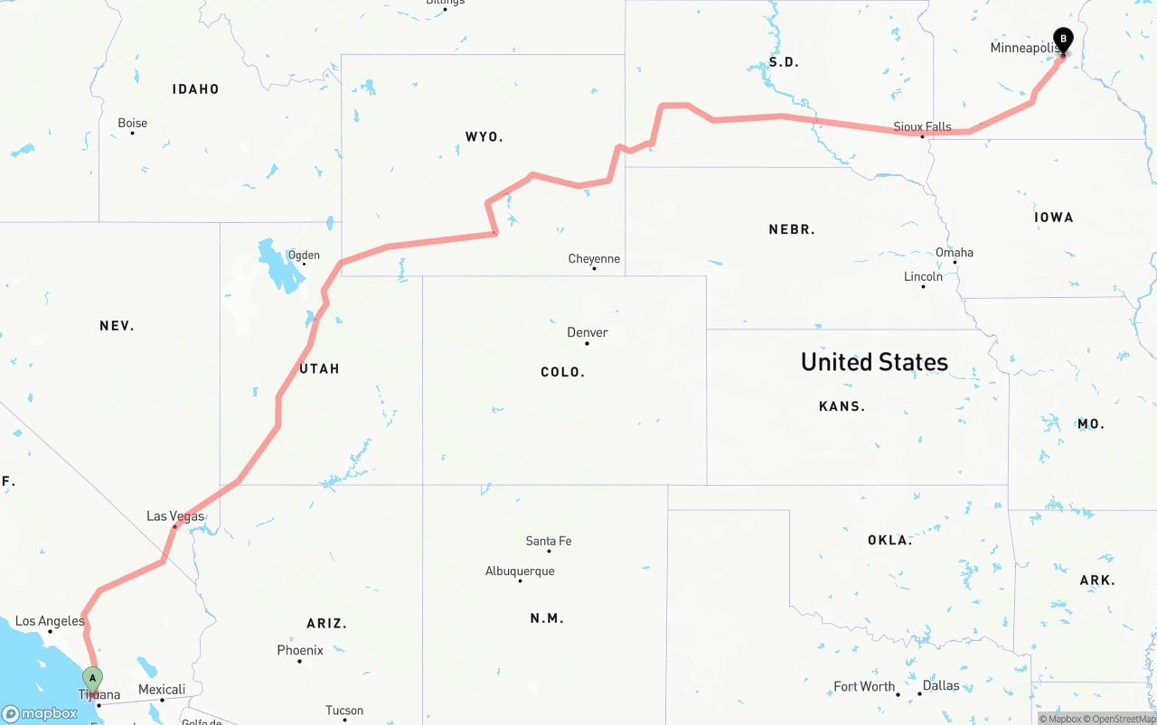 Shipping route from San Diego International Airport to Minneapolis