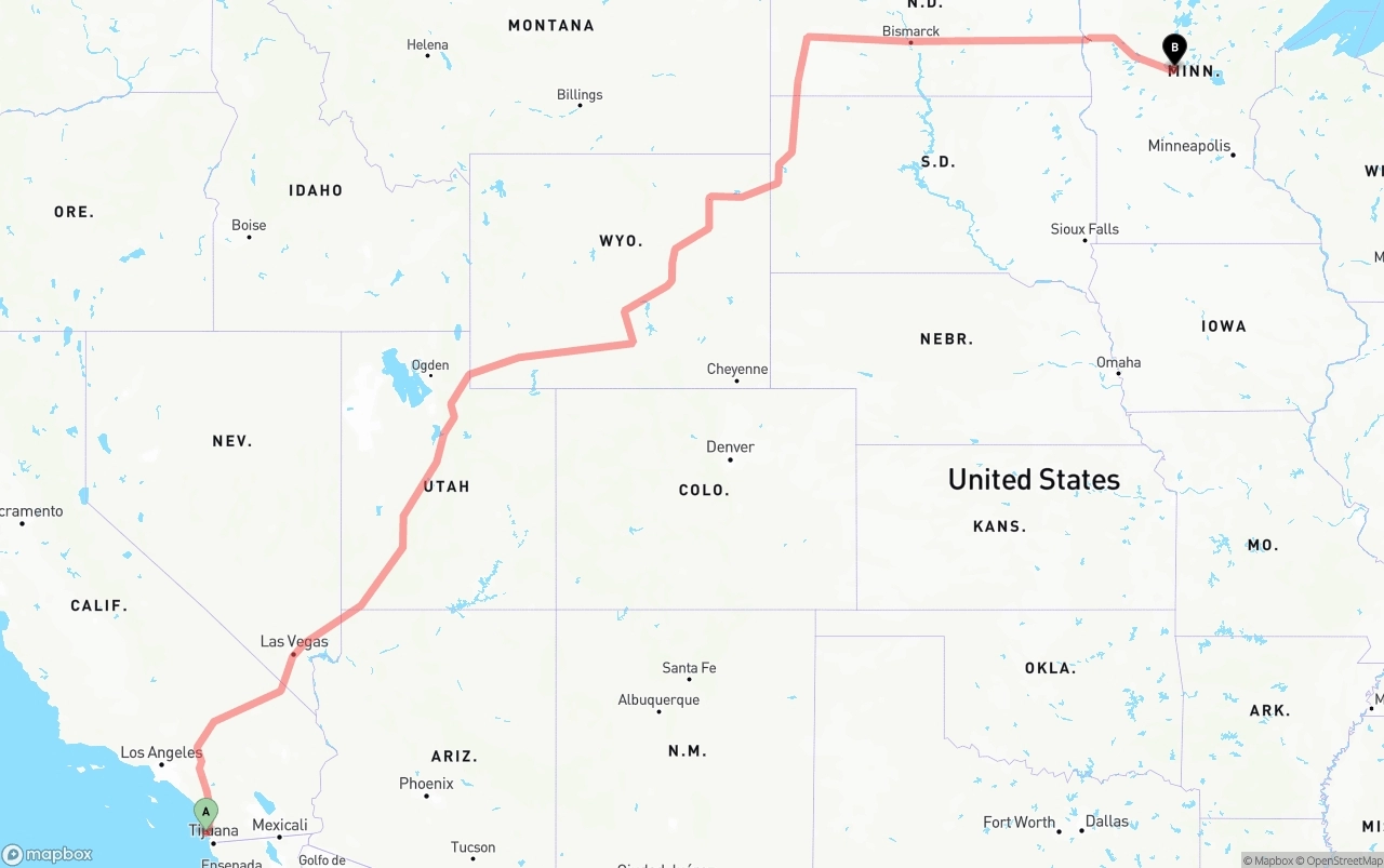 Shipping route from San Diego International Airport to Minnesota