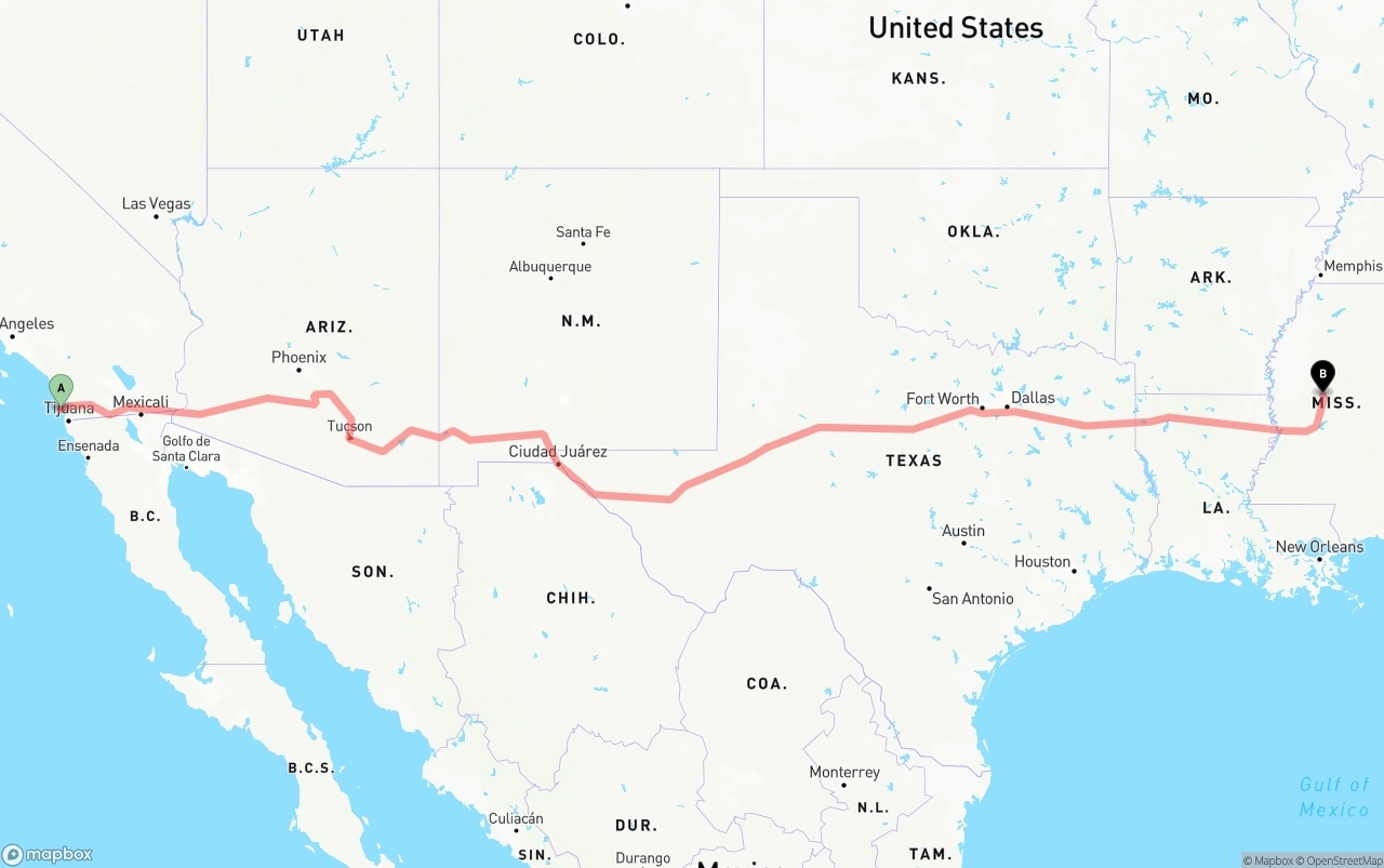 Shipping route from San Diego International Airport to Mississippi