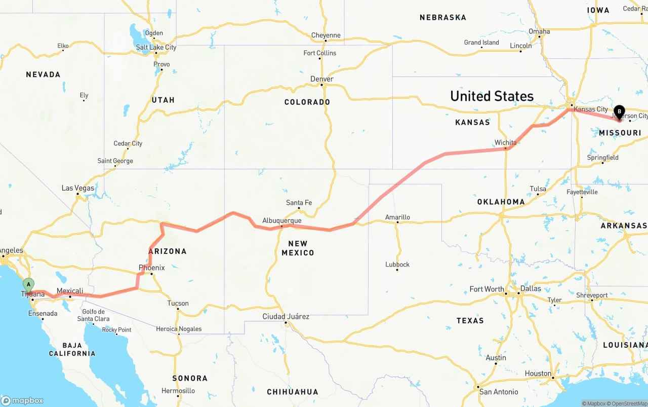 Shipping route from San Diego International Airport to Missouri