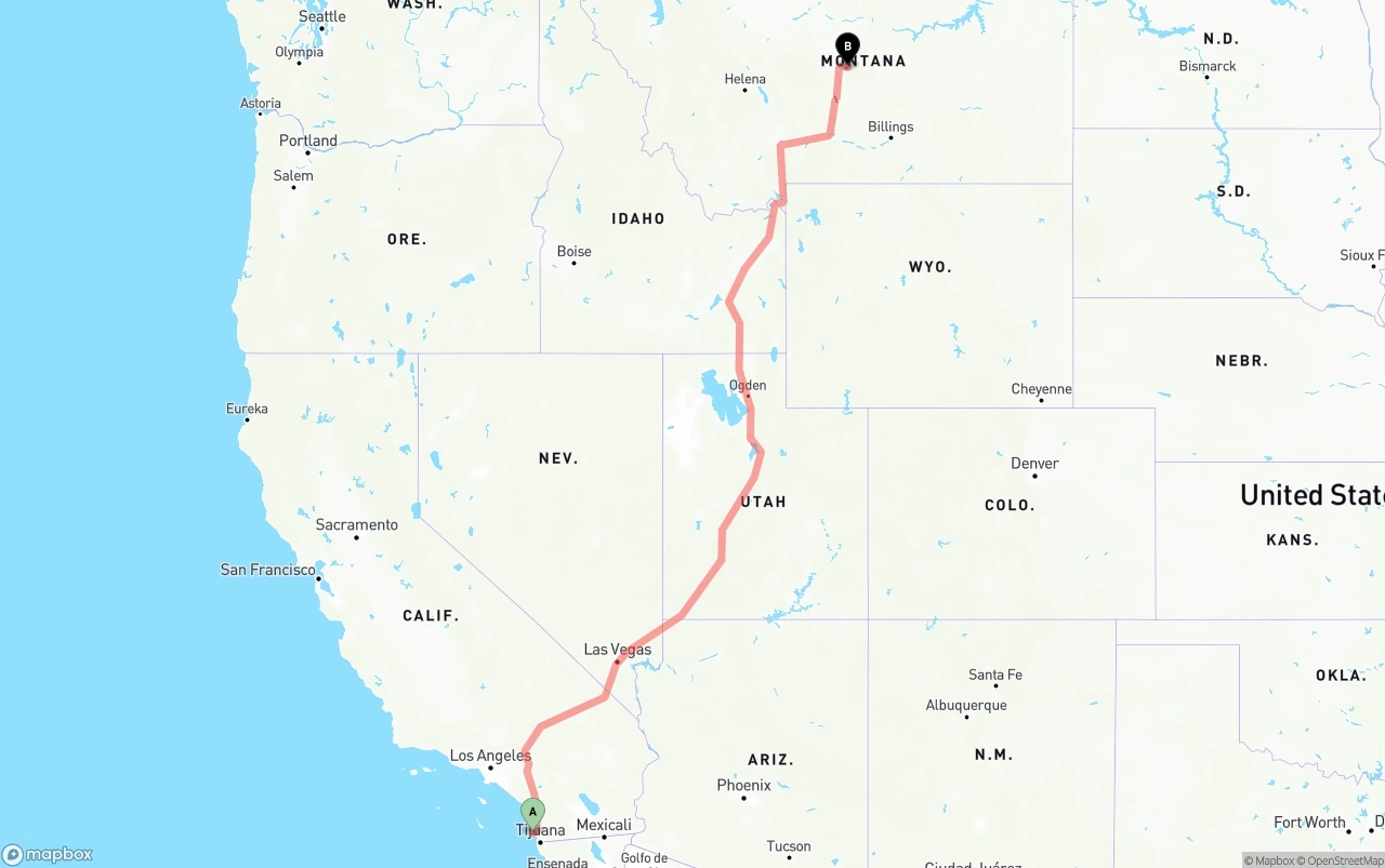 Shipping route from San Diego International Airport to Montana