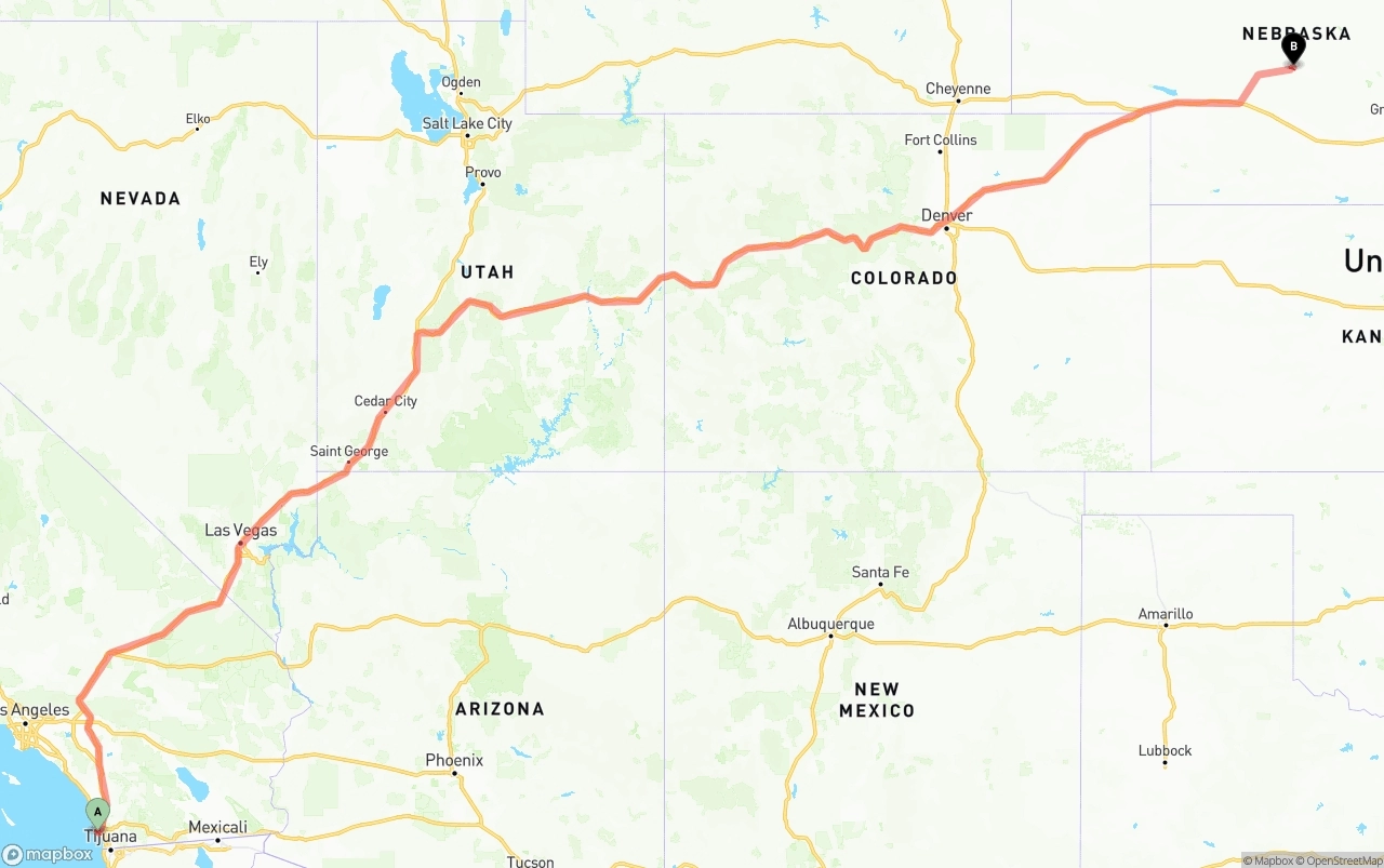 Shipping route from San Diego International Airport to Nebraska