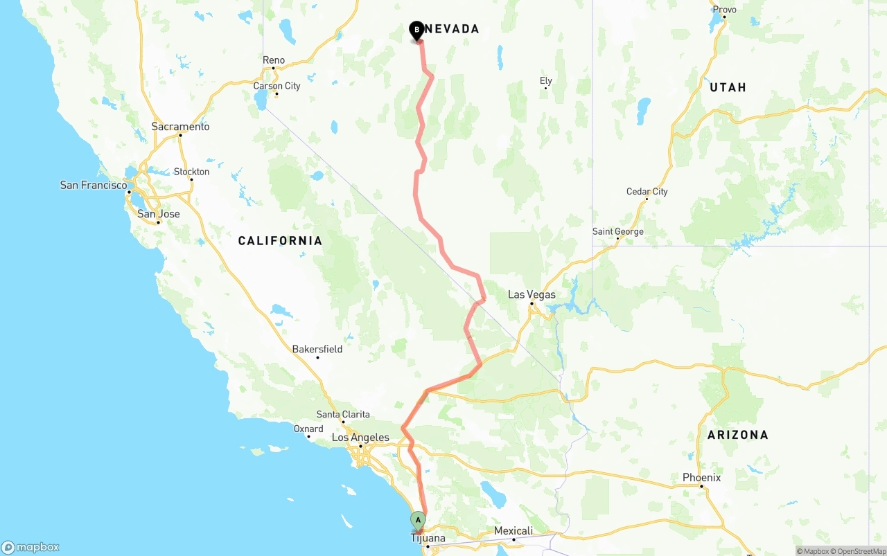 Shipping route from San Diego International Airport to Nevada