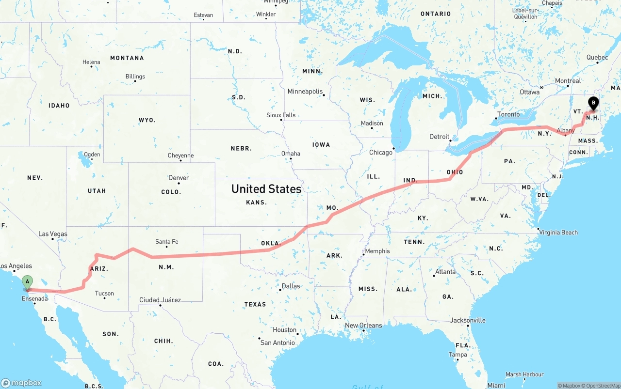 Shipping route from San Diego International Airport to New Hampshire
