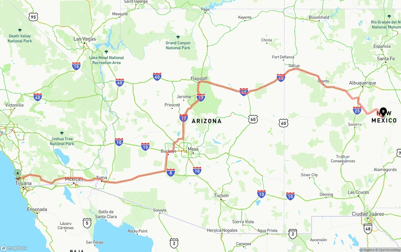 Shipping route from San Diego International Airport to New Mexico