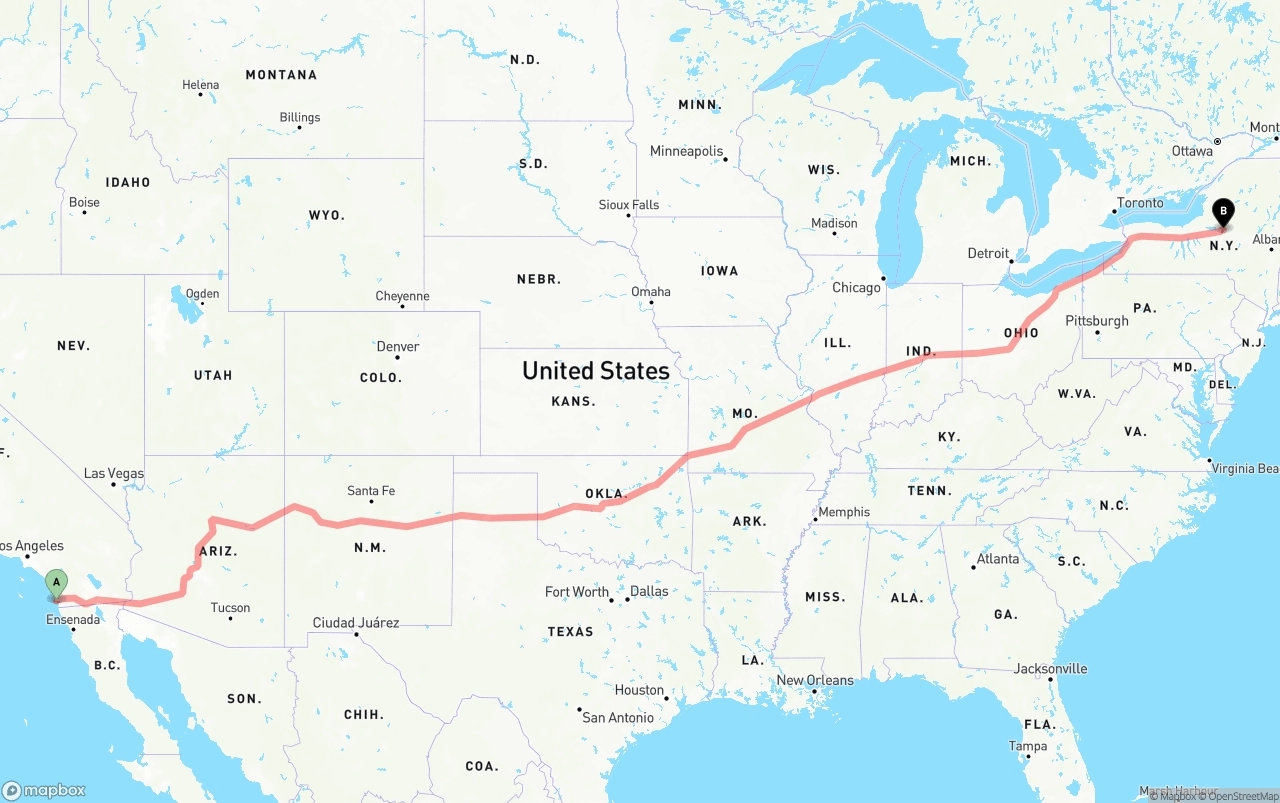 Shipping route from San Diego International Airport to New York