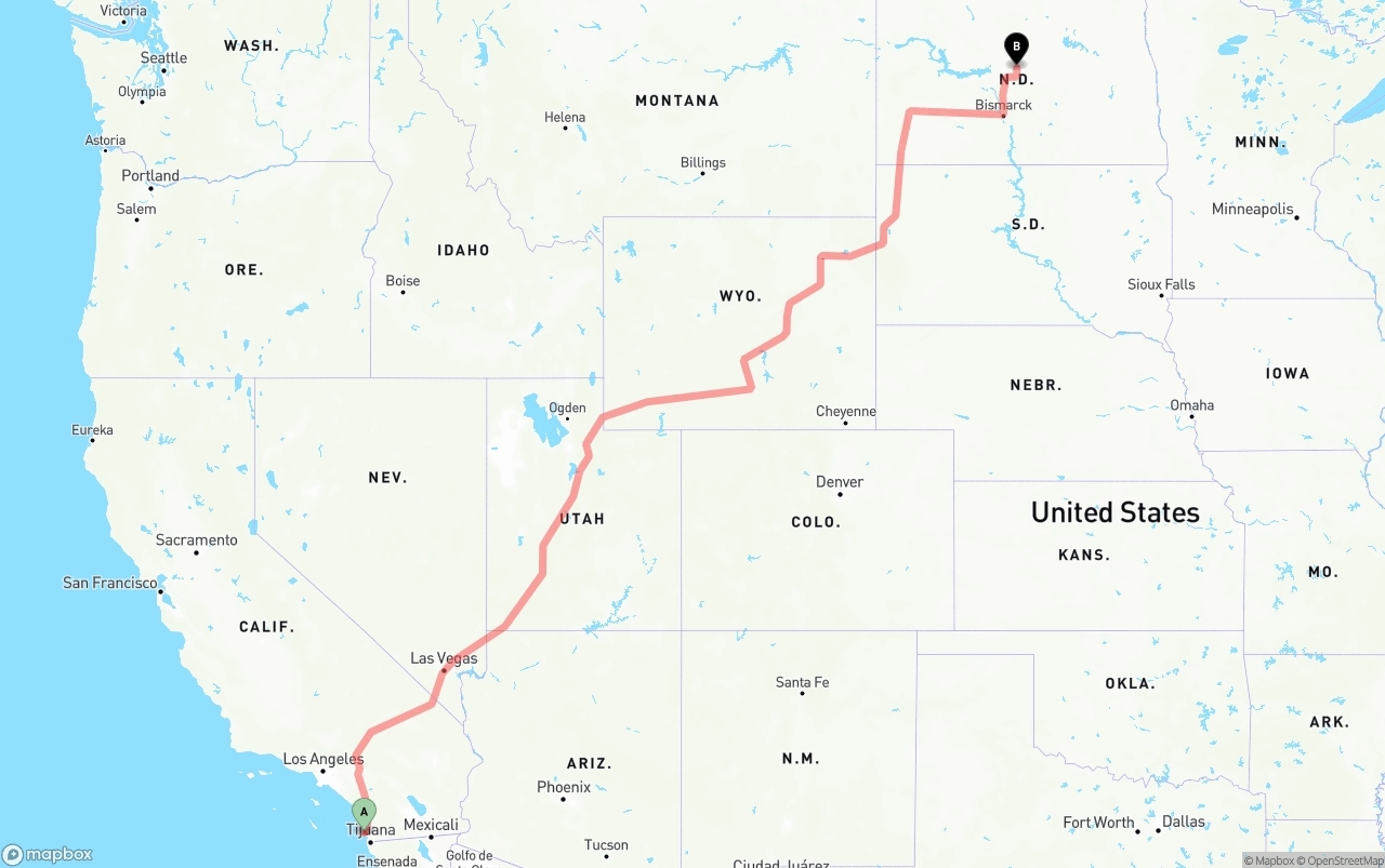 Shipping route from San Diego International Airport to North Dakota