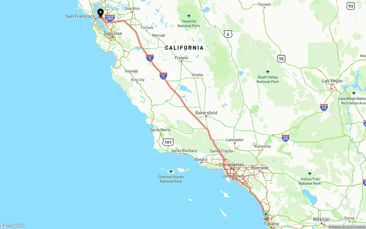 Shipping route from San Diego International Airport to Oakland