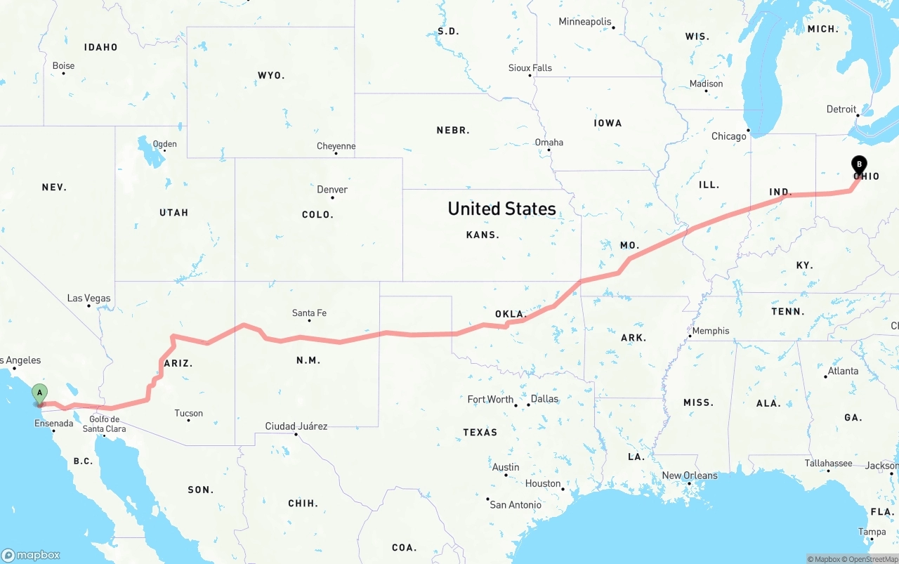 Shipping route from San Diego International Airport to Ohio